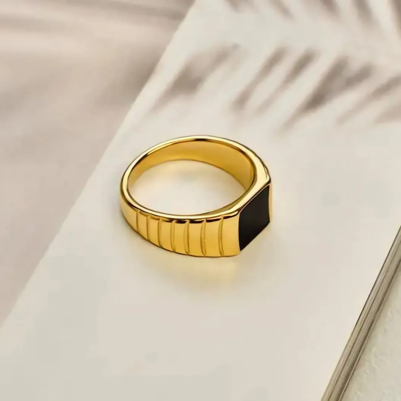 Modern Ribbed Black Enamel Square Signet Ring
