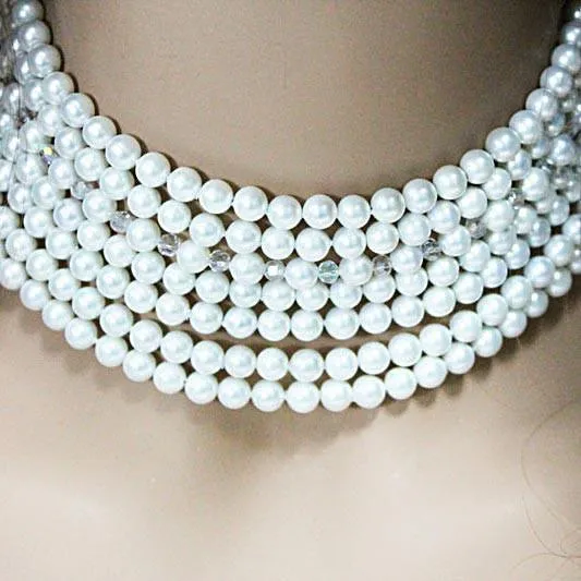 Multi Strand Pearl Crystal Statement Necklace