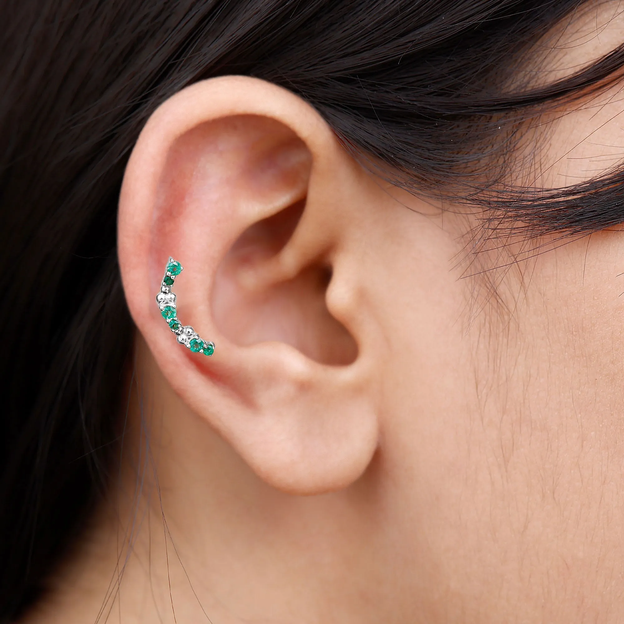 Natural Emerald Crawler Cartilage Earring with Beaded Details