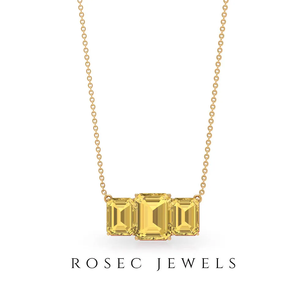 Octagon Cut Citrine Three Stone Necklace