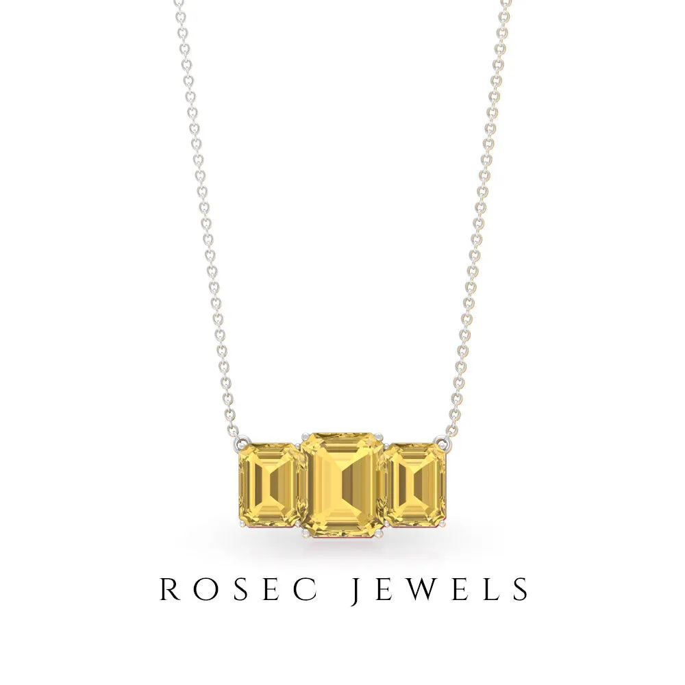 Octagon Cut Citrine Three Stone Necklace