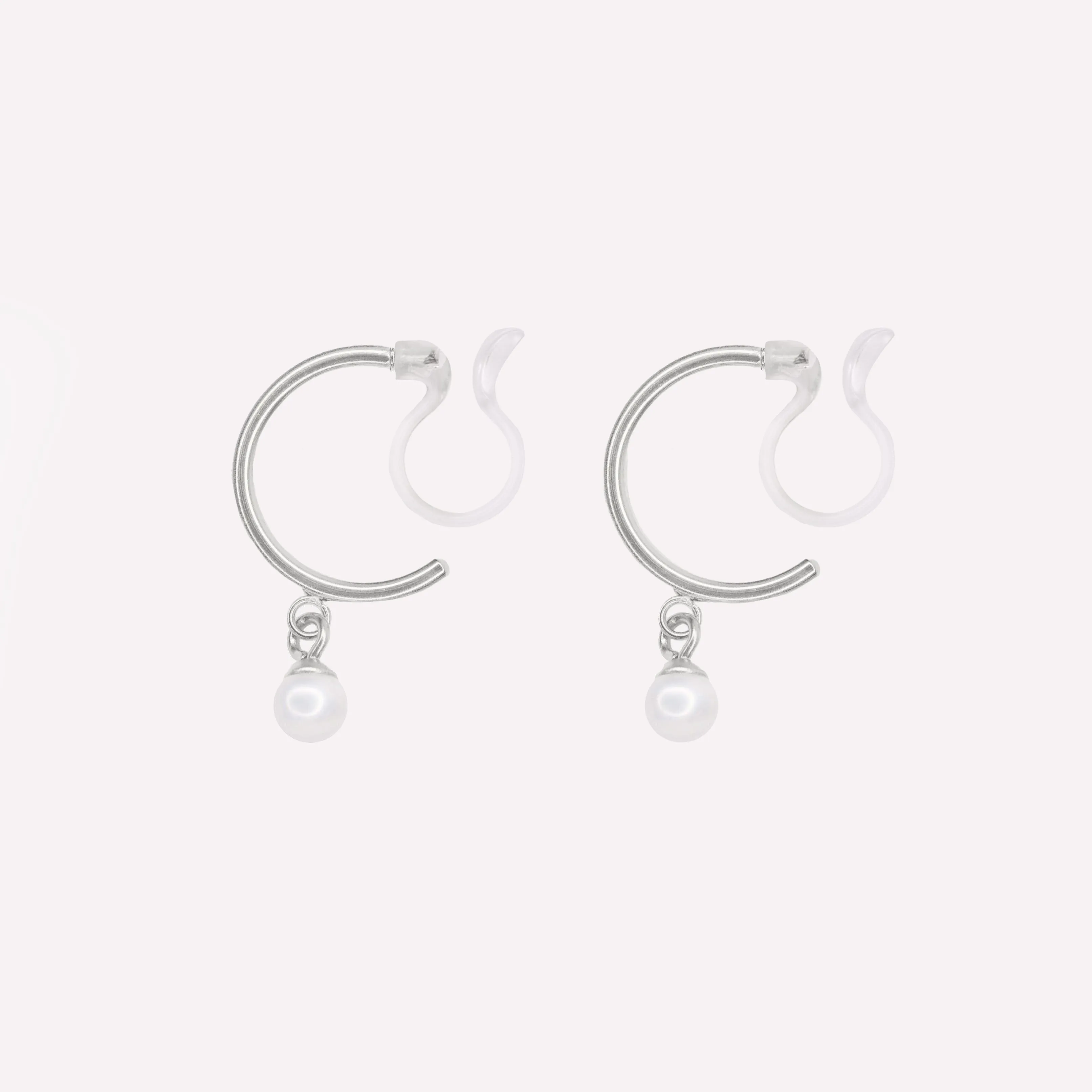 PEARL DANGLE HUGGIE HOOP CLIP-ON EARRINGS IN SILVER