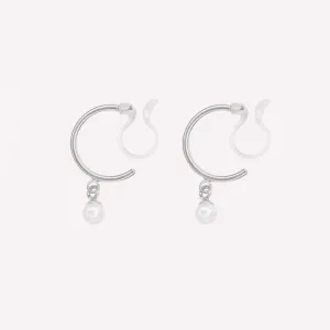 PEARL DANGLE HUGGIE HOOP CLIP-ON EARRINGS IN SILVER