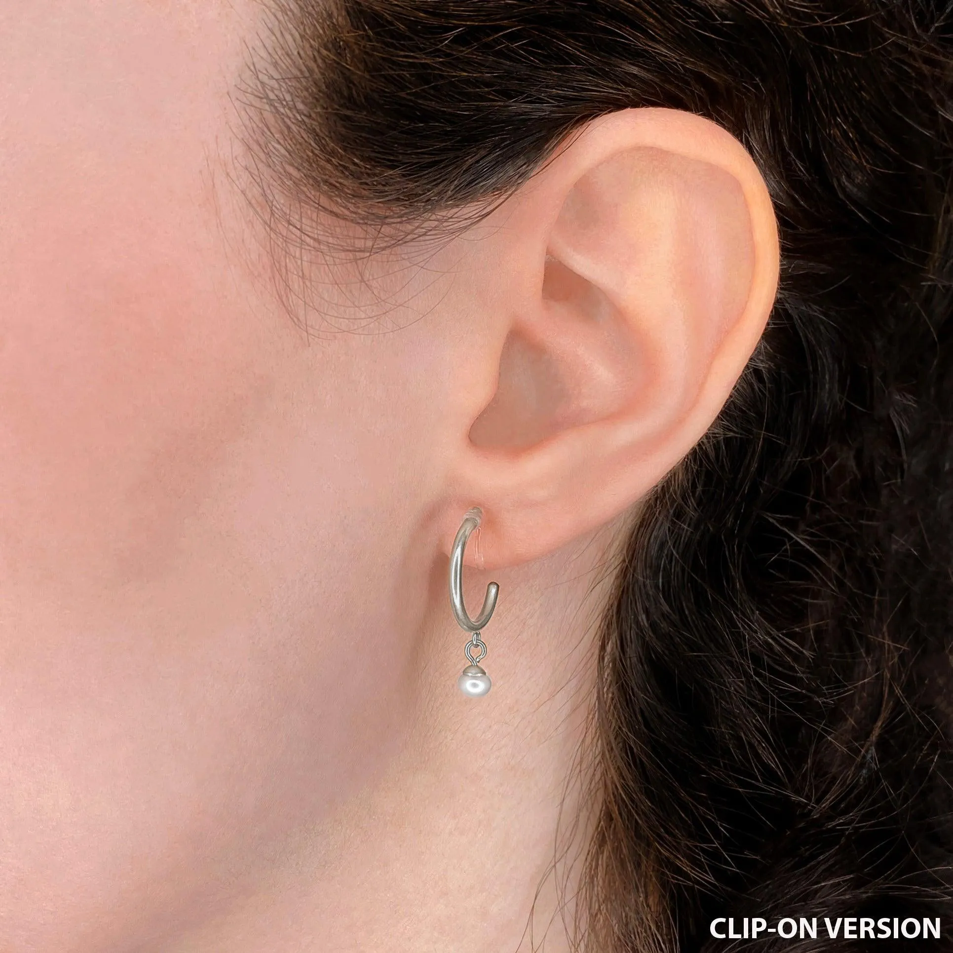 PEARL DANGLE HUGGIE HOOP CLIP-ON EARRINGS IN SILVER