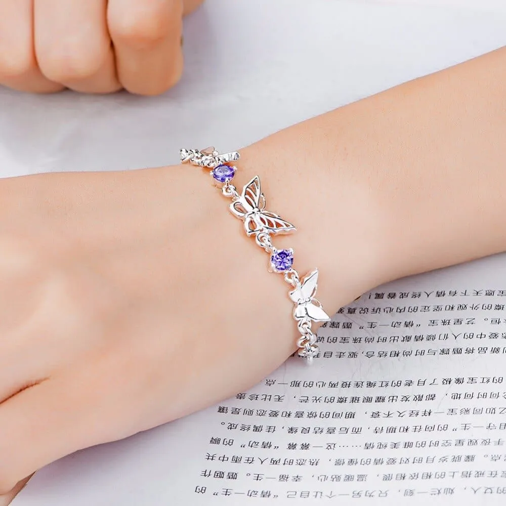 Purple CZ Butterfly Bracelets in Sterling Silver