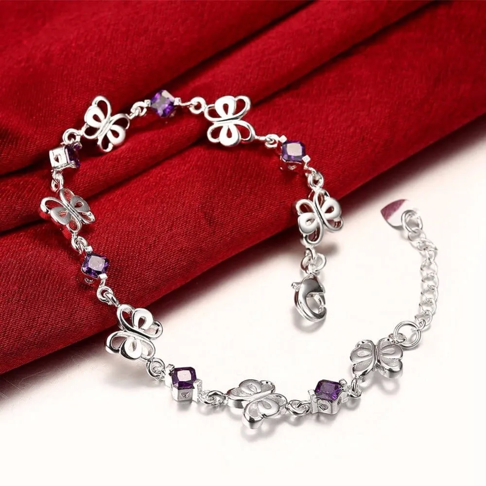 Purple CZ Butterfly Bracelets in Sterling Silver