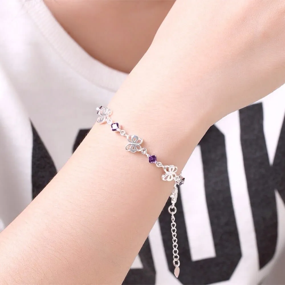 Purple CZ Butterfly Bracelets in Sterling Silver