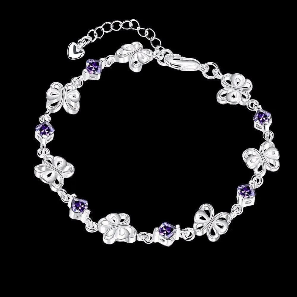 Purple CZ Butterfly Bracelets in Sterling Silver
