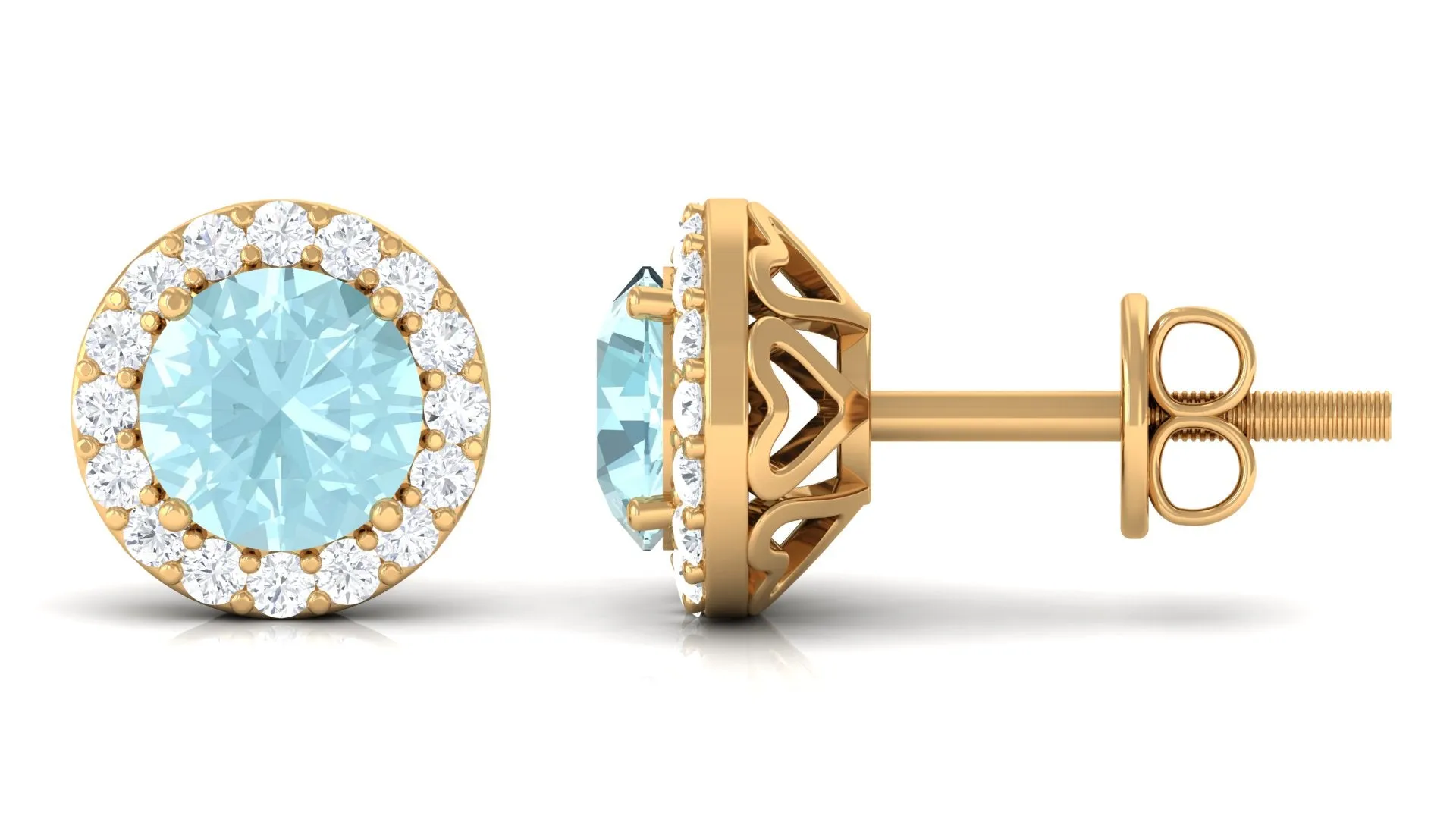 Real Swiss Blue Topaz and Diamond Halo Stud Earrings