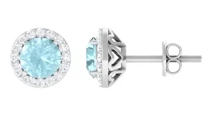 Real Swiss Blue Topaz and Diamond Halo Stud Earrings