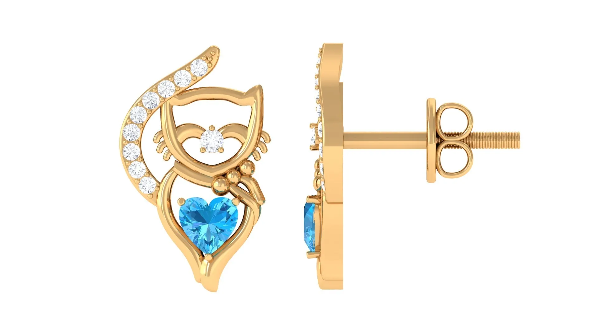 Real Swiss Blue Topaz Cat Earrings with Diamond