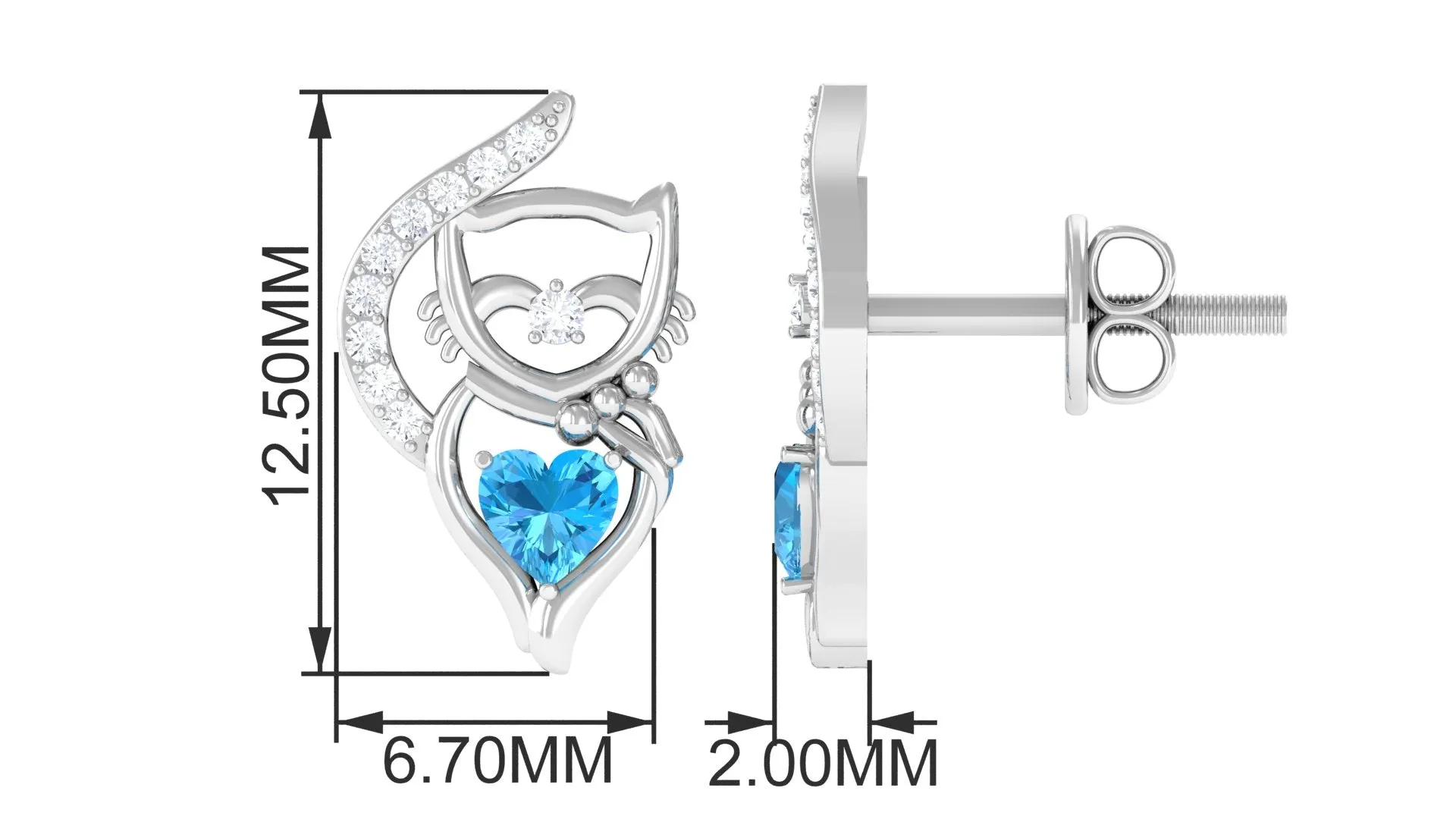 Real Swiss Blue Topaz Cat Earrings with Diamond