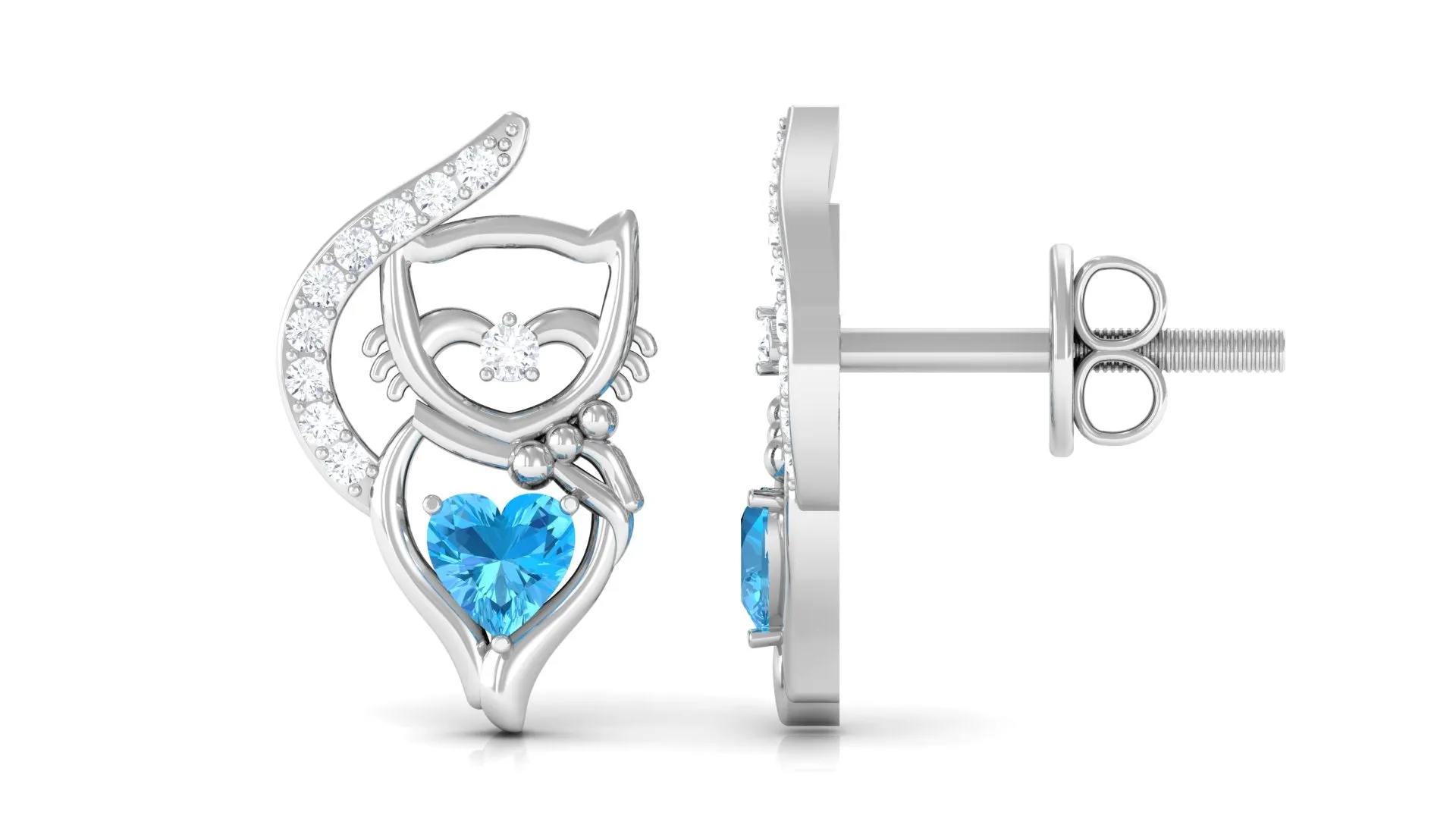 Real Swiss Blue Topaz Cat Earrings with Diamond