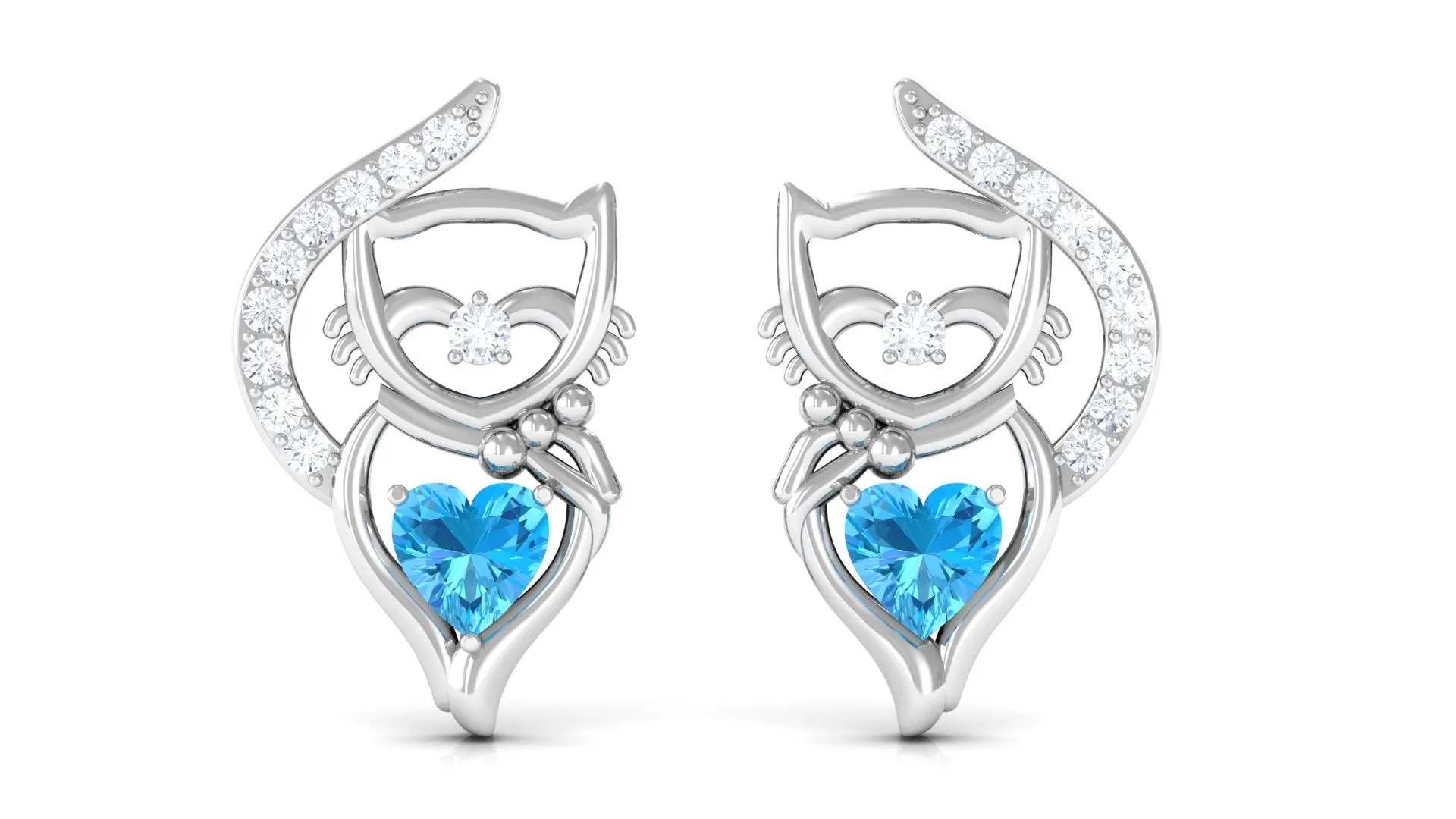 Real Swiss Blue Topaz Cat Earrings with Diamond