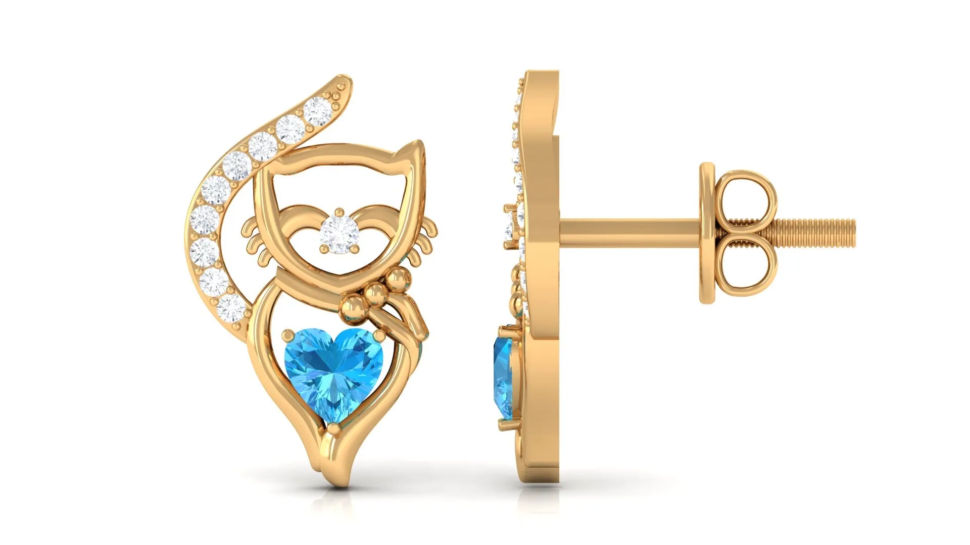 Real Swiss Blue Topaz Cat Earrings with Diamond