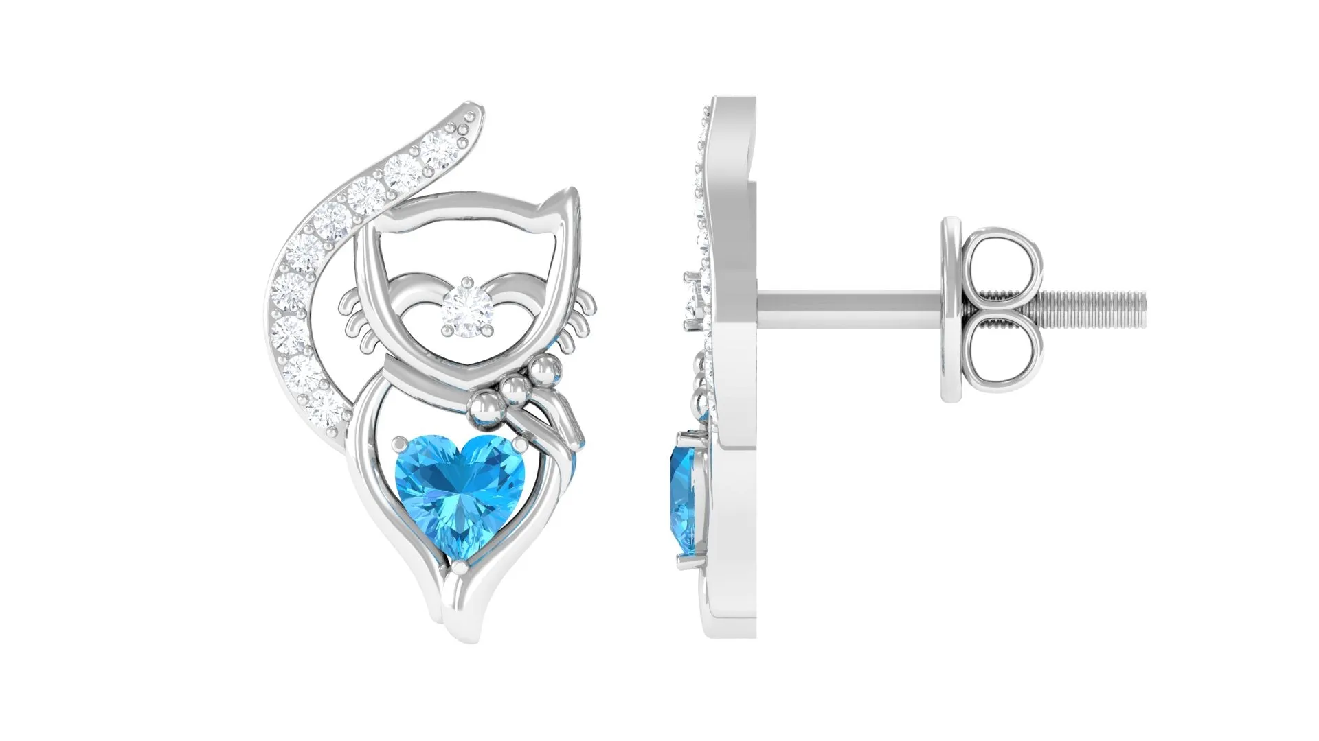 Real Swiss Blue Topaz Cat Earrings with Diamond