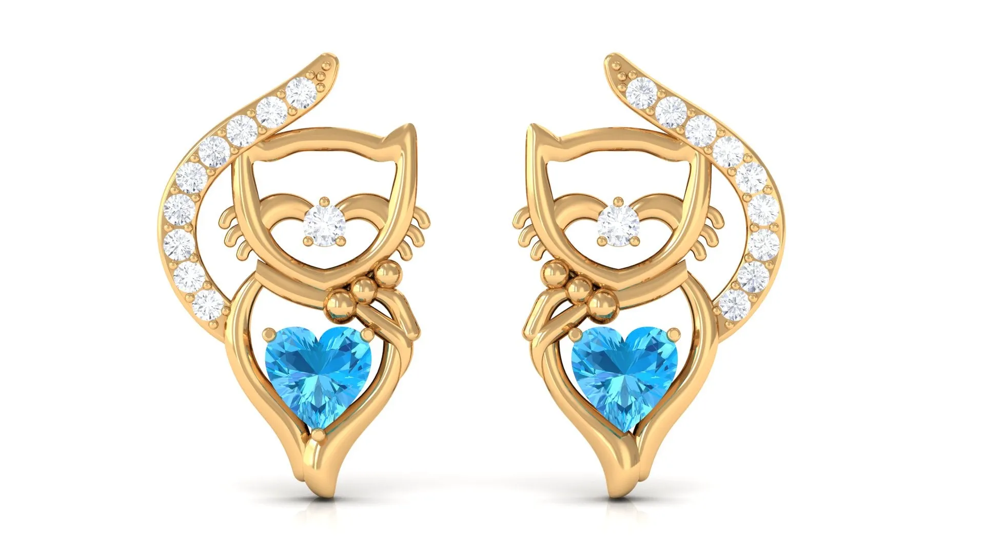 Real Swiss Blue Topaz Cat Earrings with Diamond