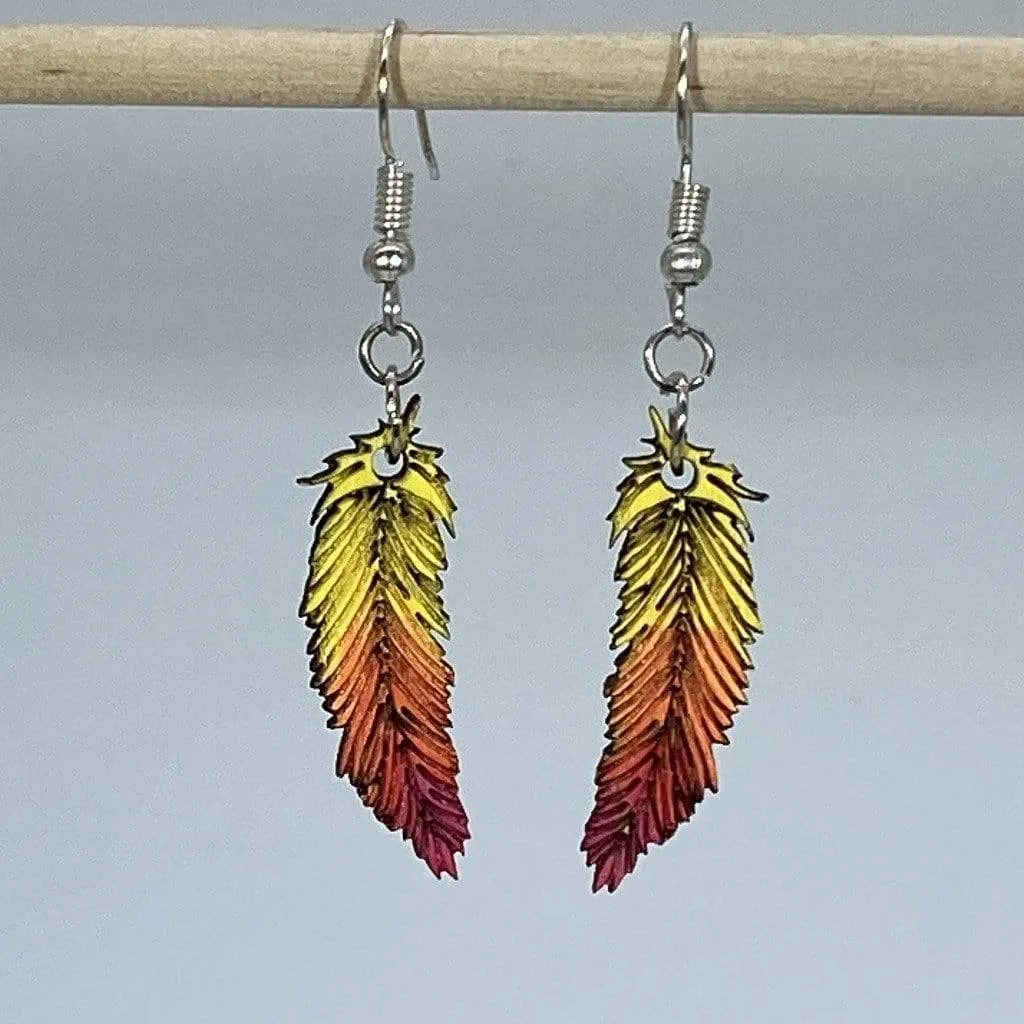 Red and Yellow Wooden Feather Dangle Earrings by Cate's Concepts, LLC