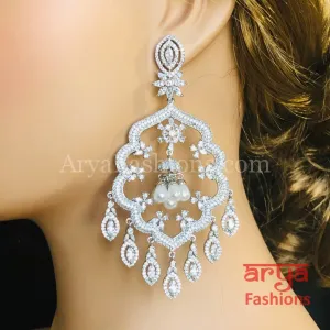 Rose Gold CZ Long Designer Cocktail Earrings / Silver CZ Chandelier Earrings