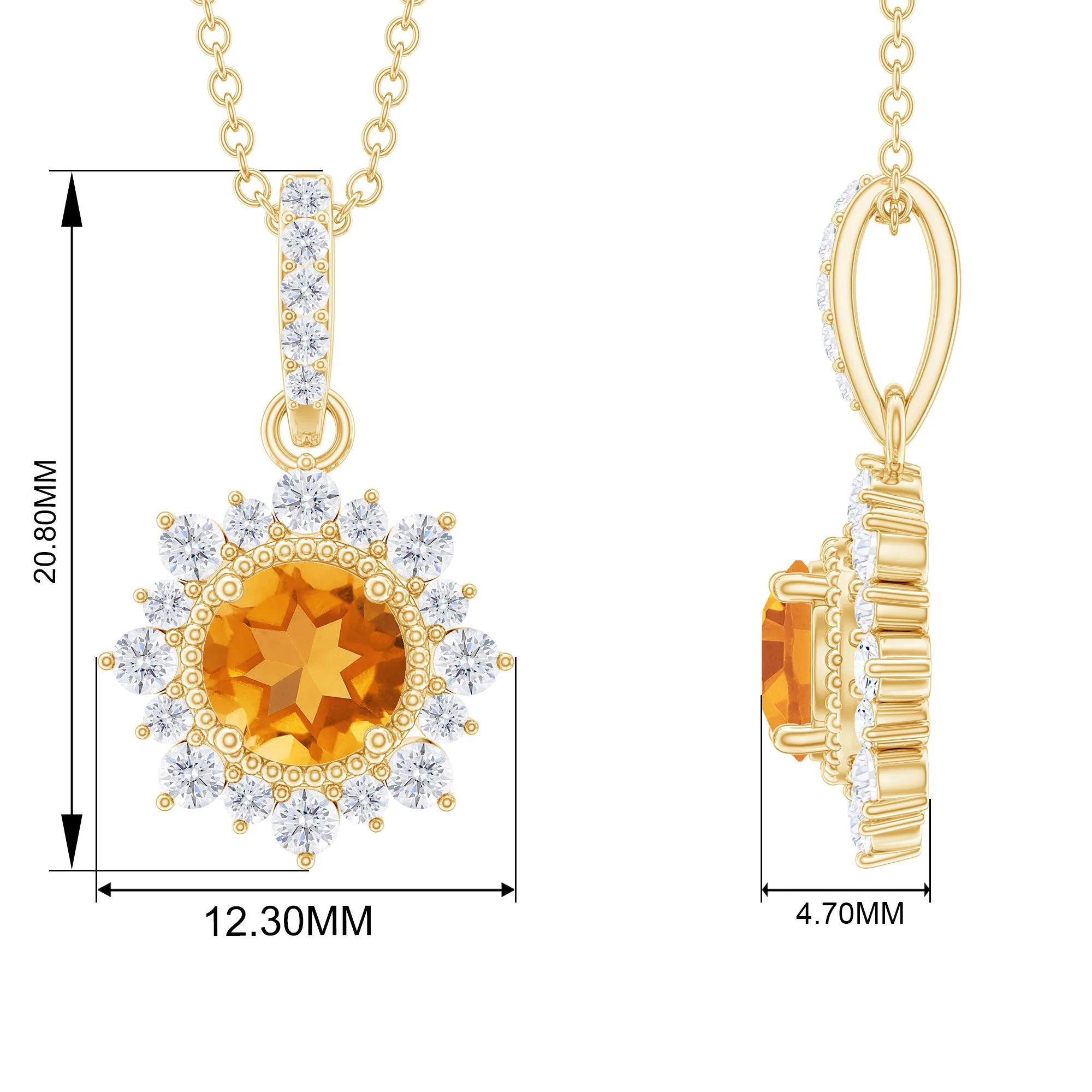 Round Citrine Halo Pendant with Diamond Accent Bail