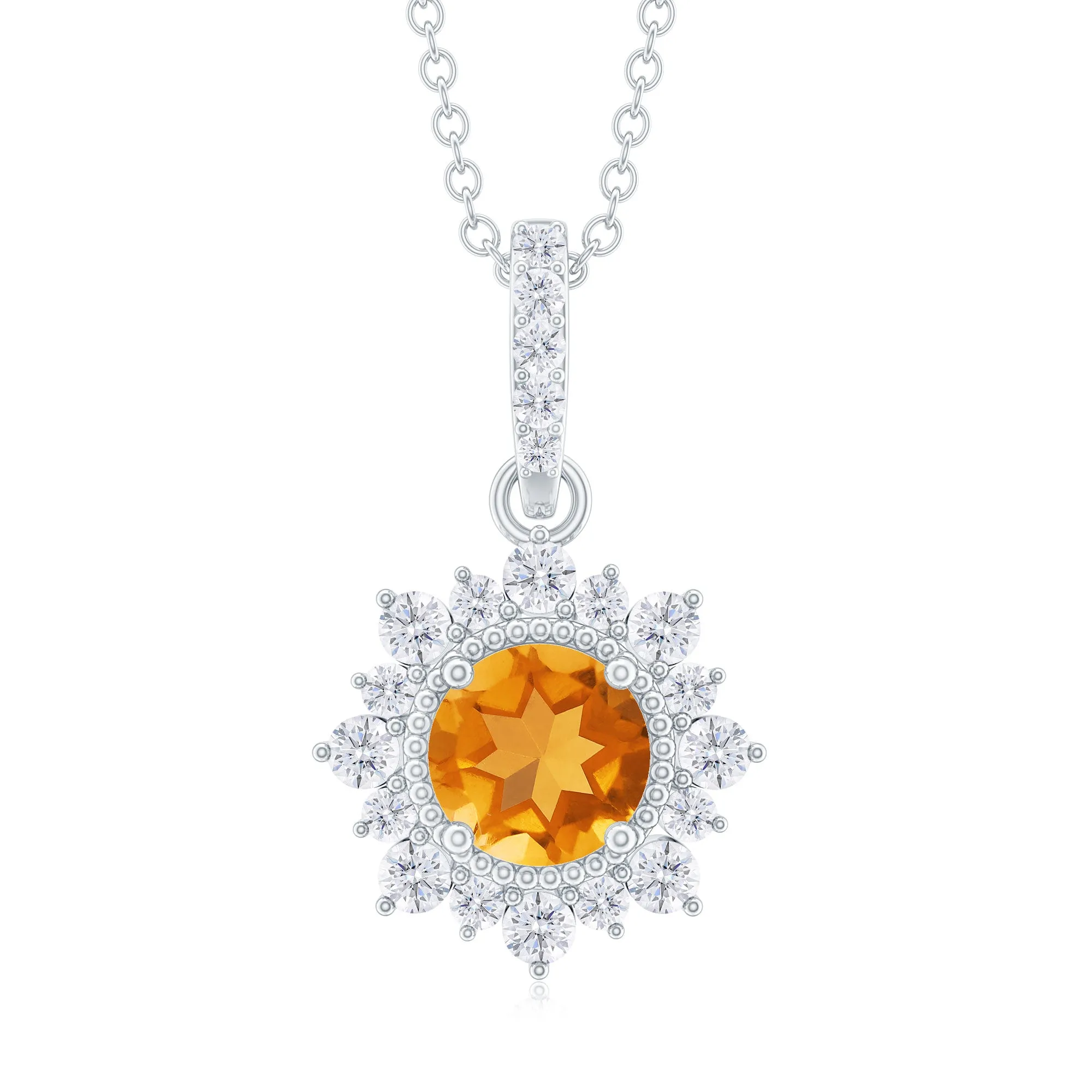 Round Citrine Halo Pendant with Diamond Accent Bail