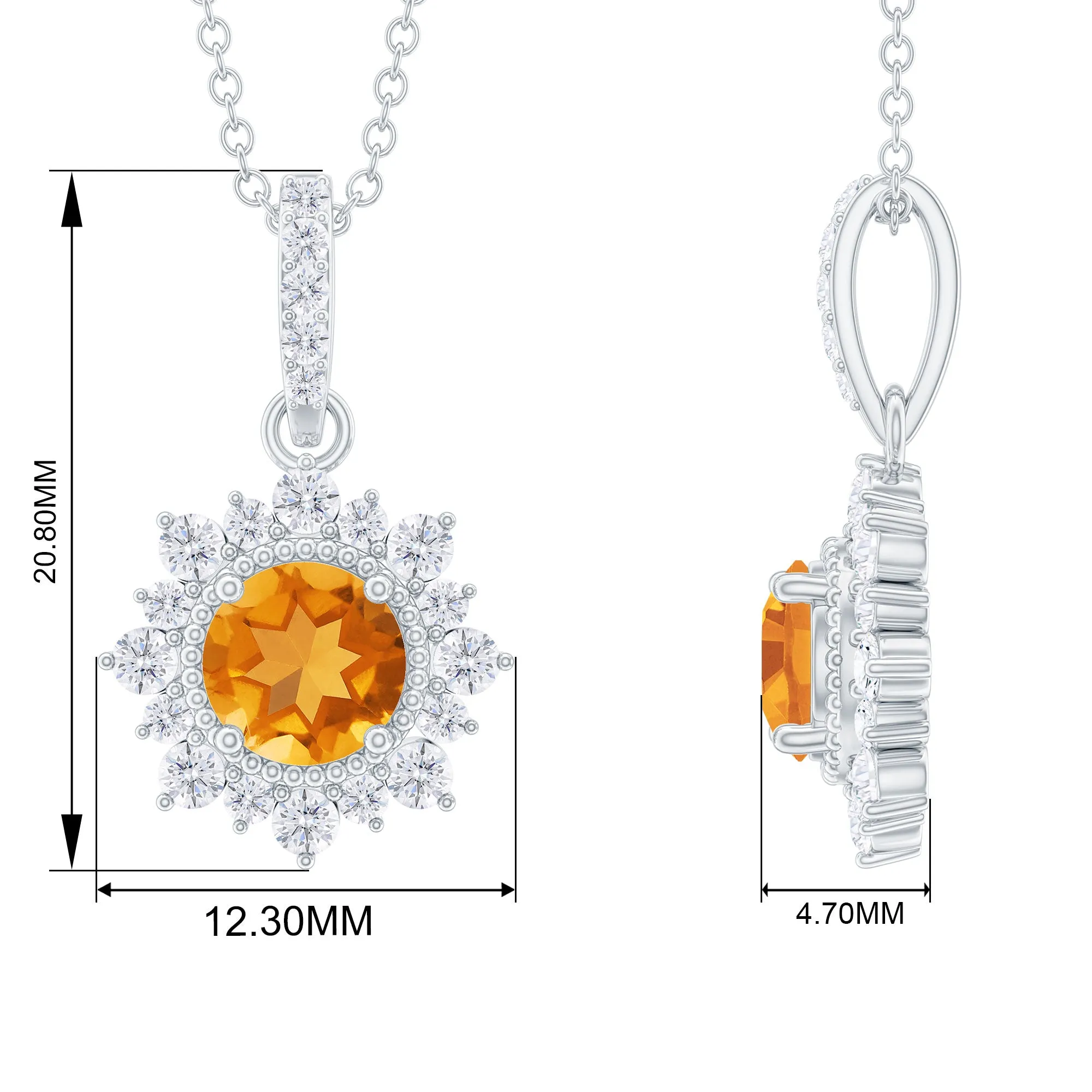 Round Citrine Halo Pendant with Diamond Accent Bail