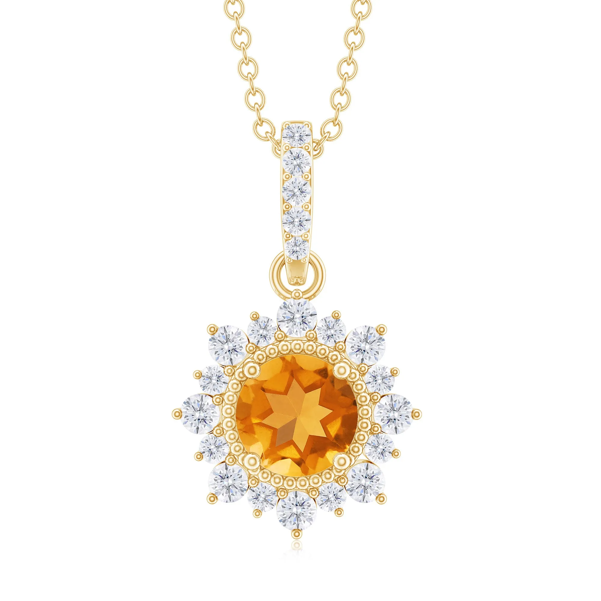 Round Citrine Halo Pendant with Diamond Accent Bail