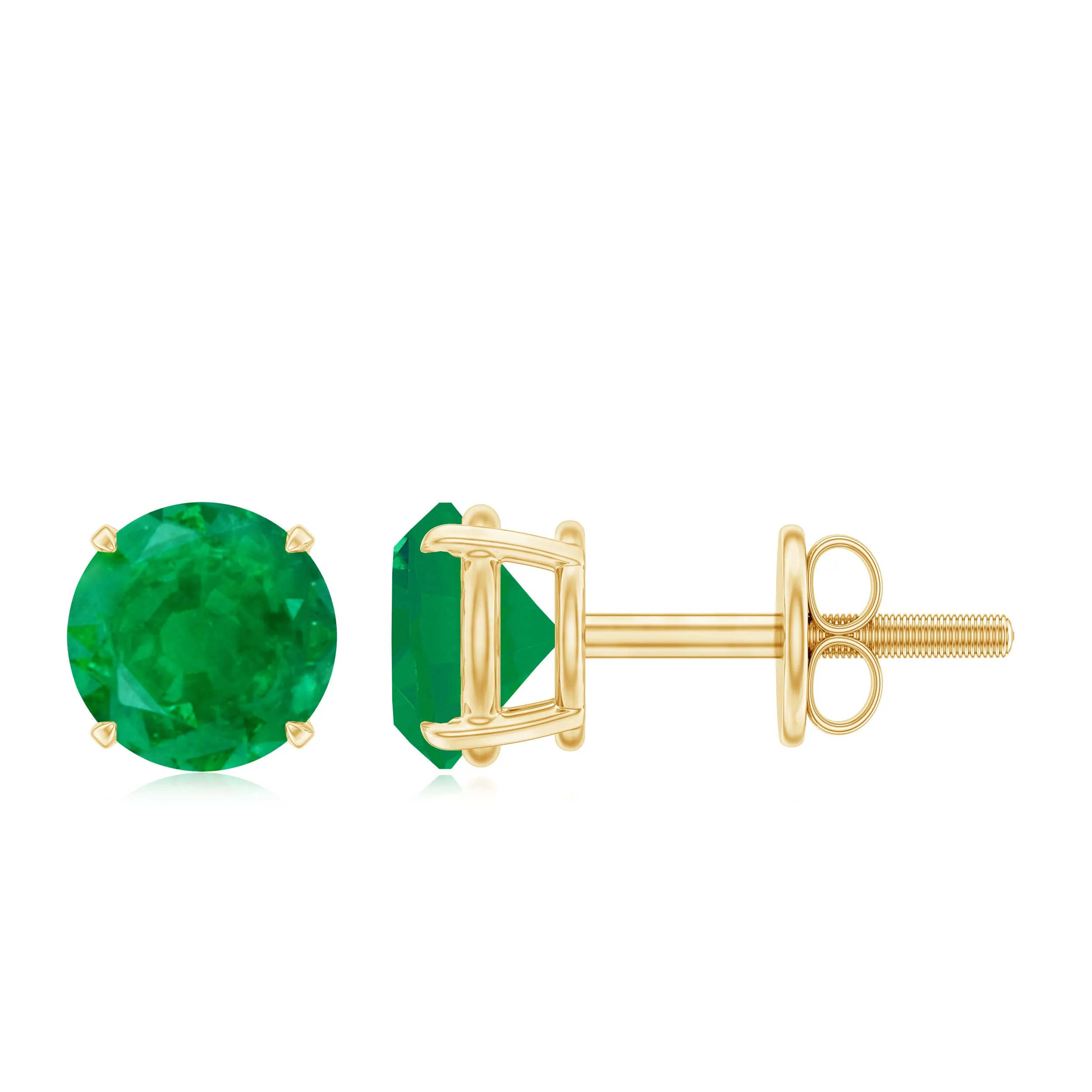Round Shape Emerald Solitaire Stud Earrings