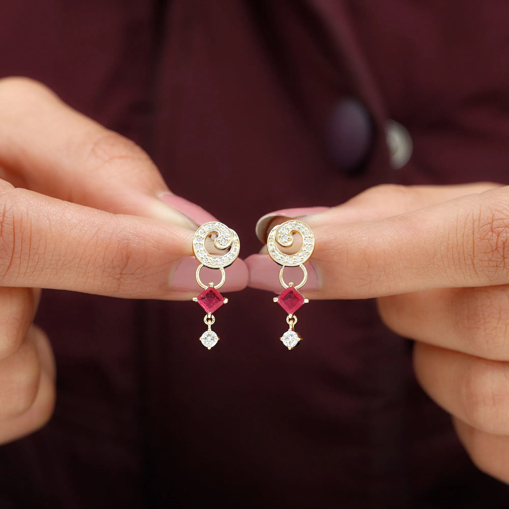 Ruby and Diamond Drop Dangle Earrings