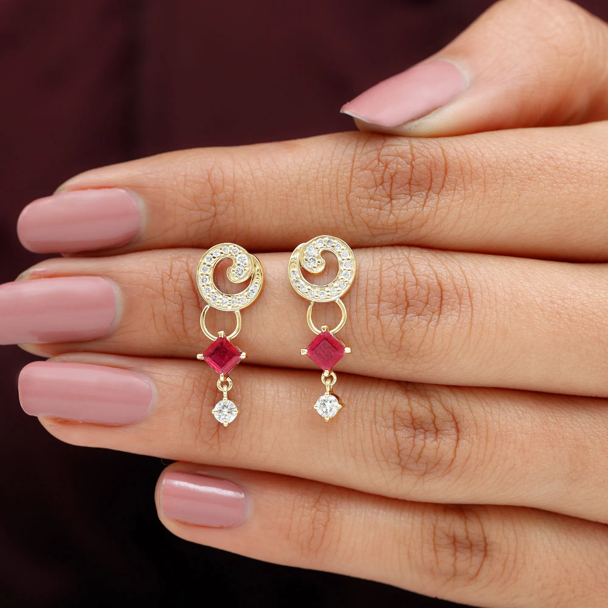 Ruby and Diamond Drop Dangle Earrings