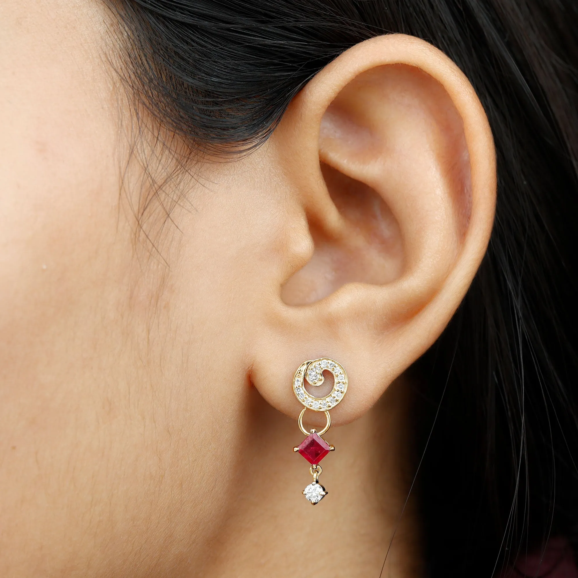 Ruby and Diamond Drop Dangle Earrings