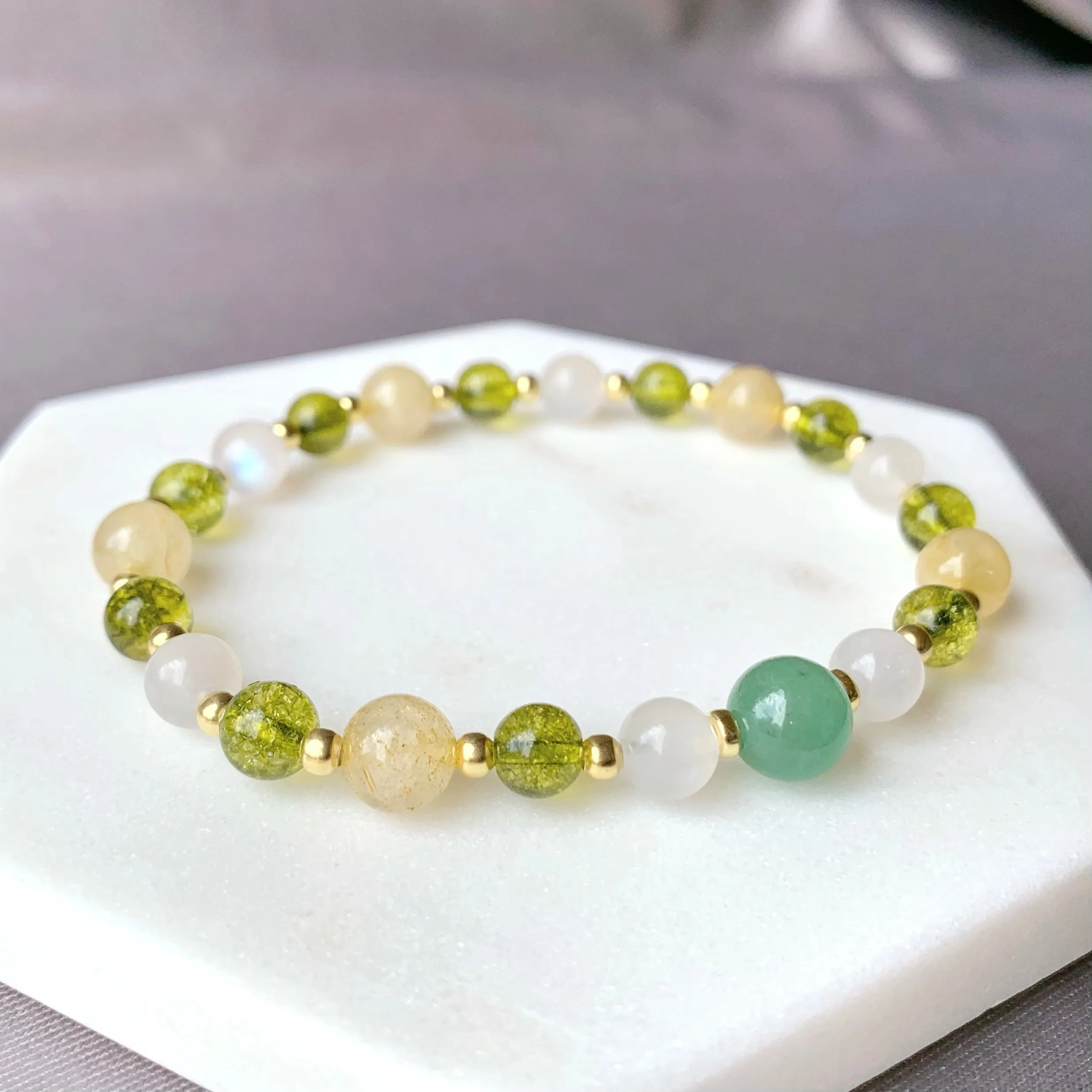 Rutilated Citrine, Peridot & Green Aventurine Gold Bracelet