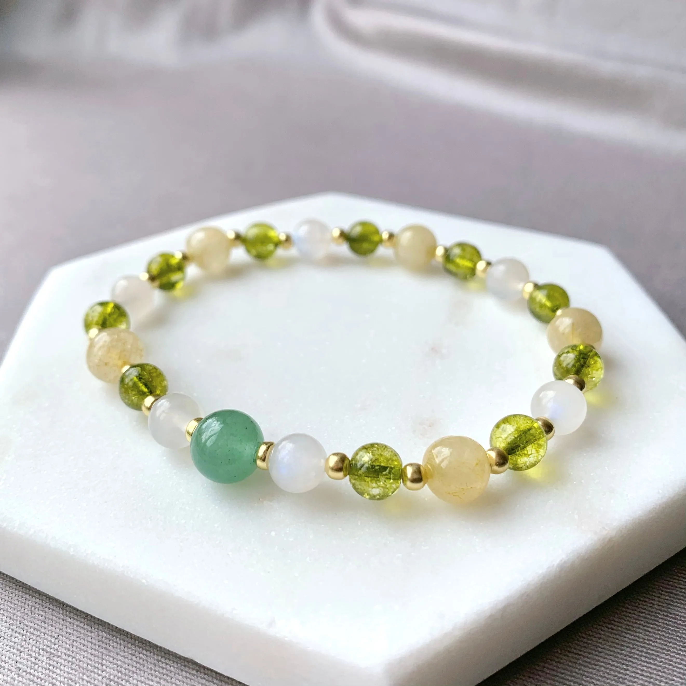 Rutilated Citrine, Peridot & Green Aventurine Gold Bracelet