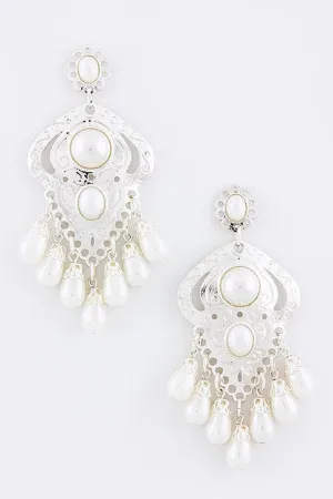 Silver Etched Dangle Pearl Earrings