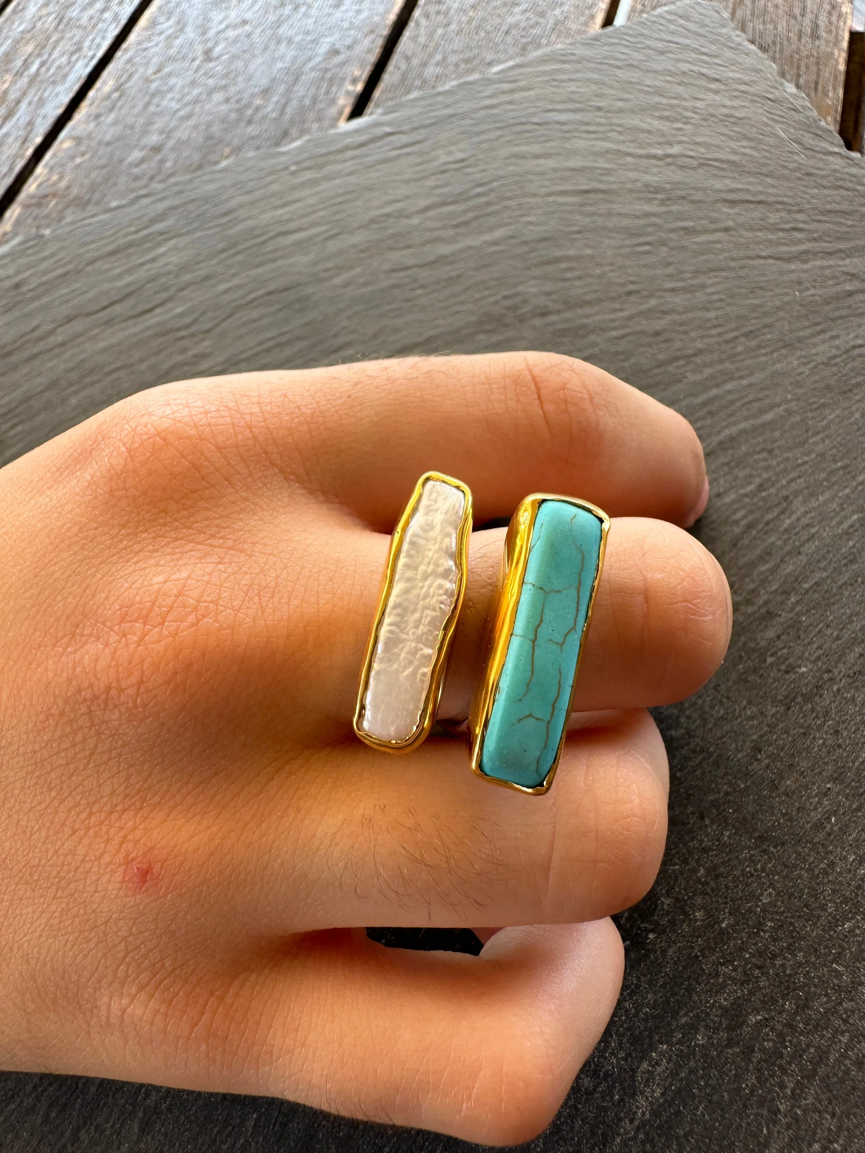 Silver ring with other of pearl and turquoise