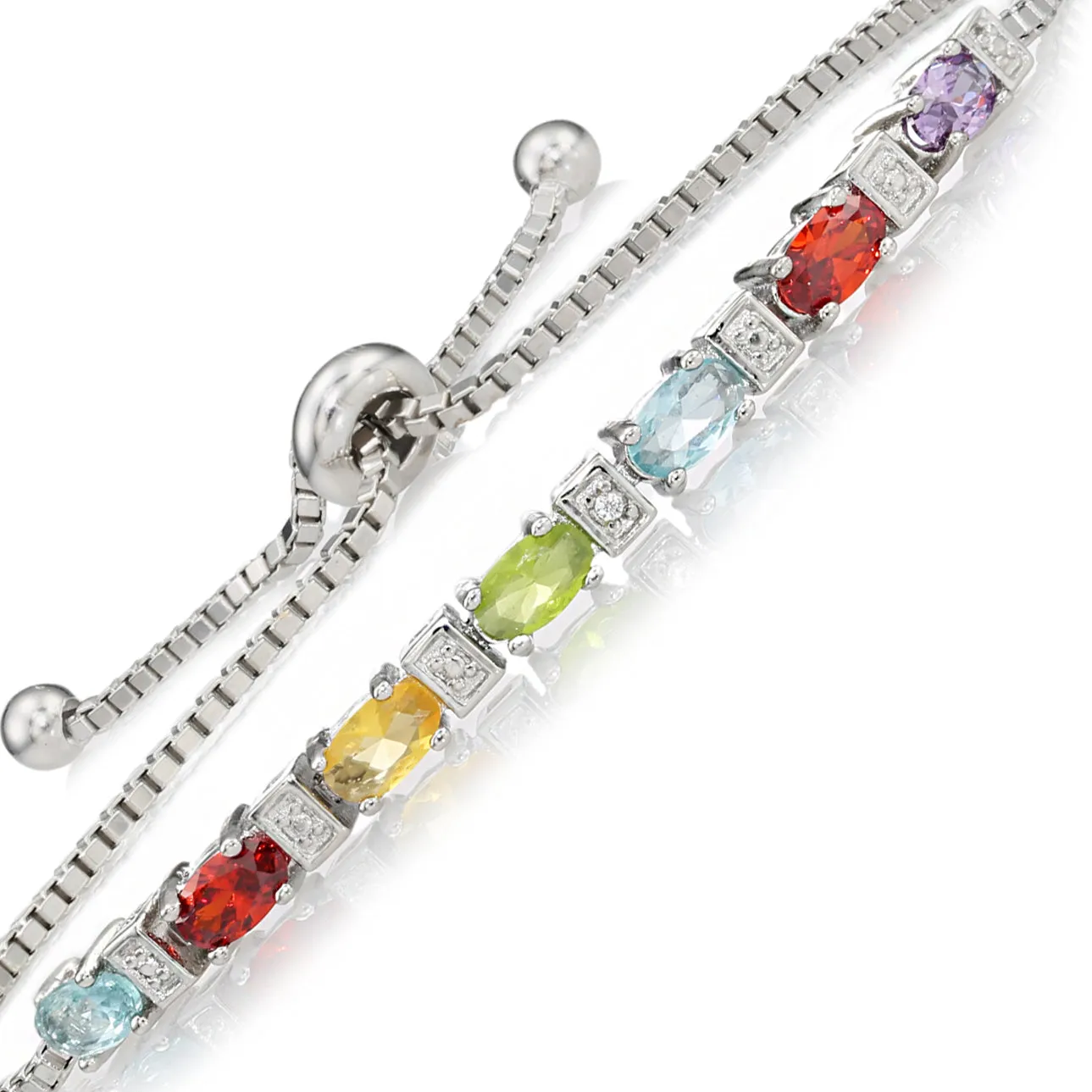 Sterling Silver Multicolor Rainbow CZ Bracelet, Adjustable Length