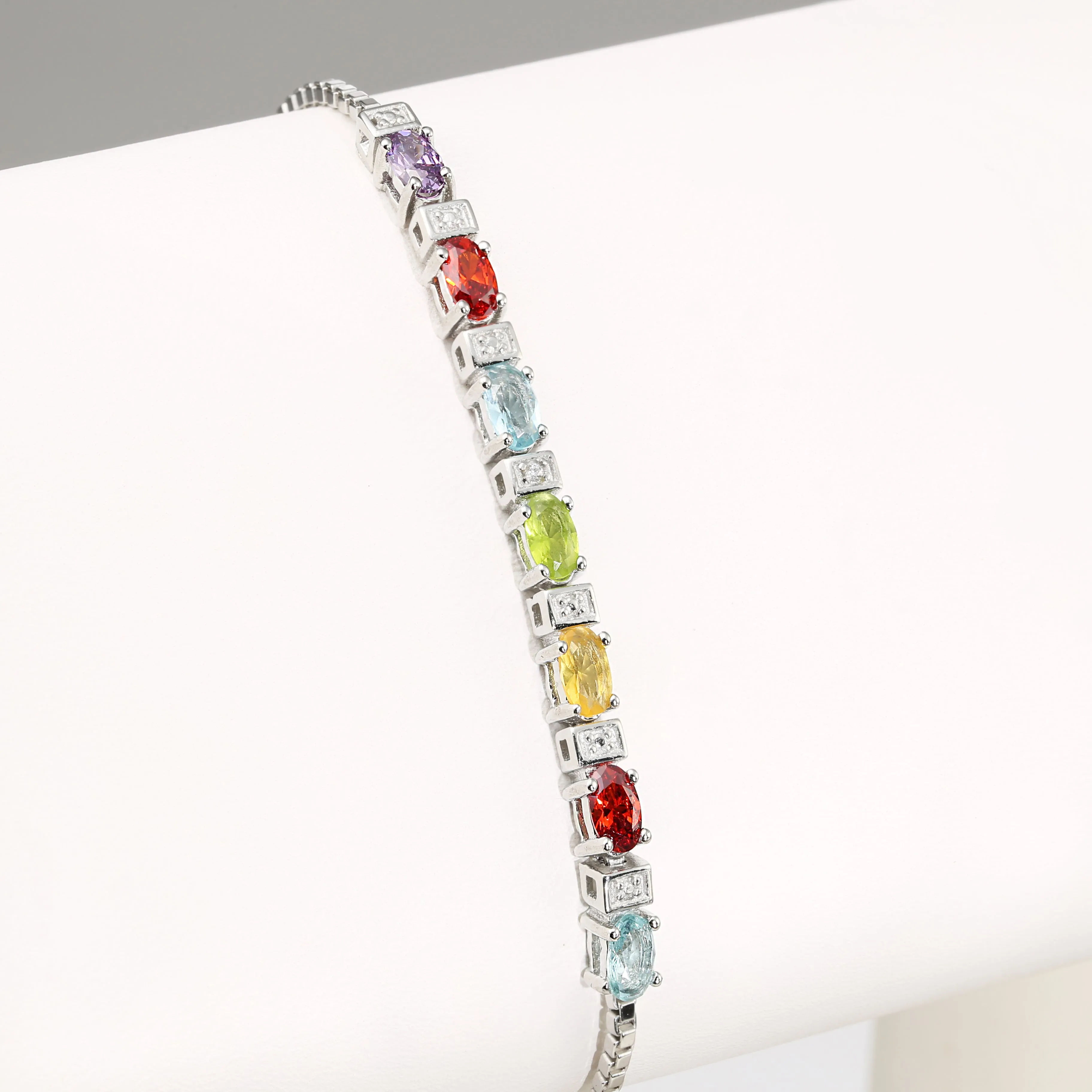 Sterling Silver Multicolor Rainbow CZ Bracelet, Adjustable Length