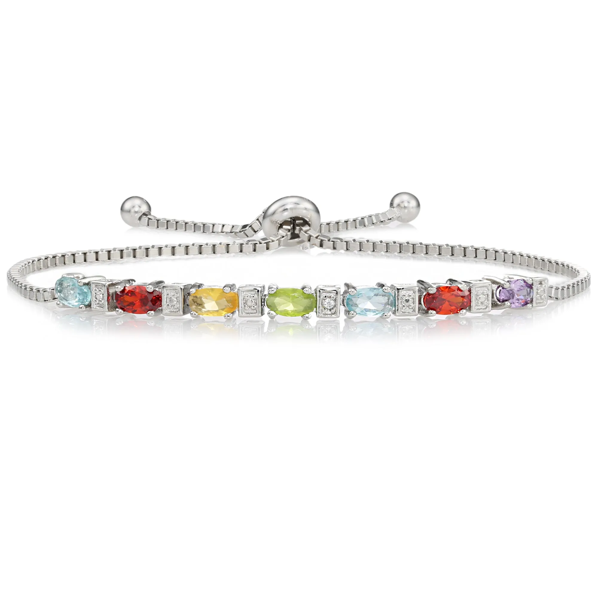 Sterling Silver Multicolor Rainbow CZ Bracelet, Adjustable Length