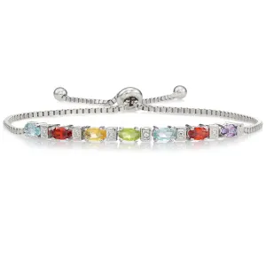 Sterling Silver Multicolor Rainbow CZ Bracelet, Adjustable Length