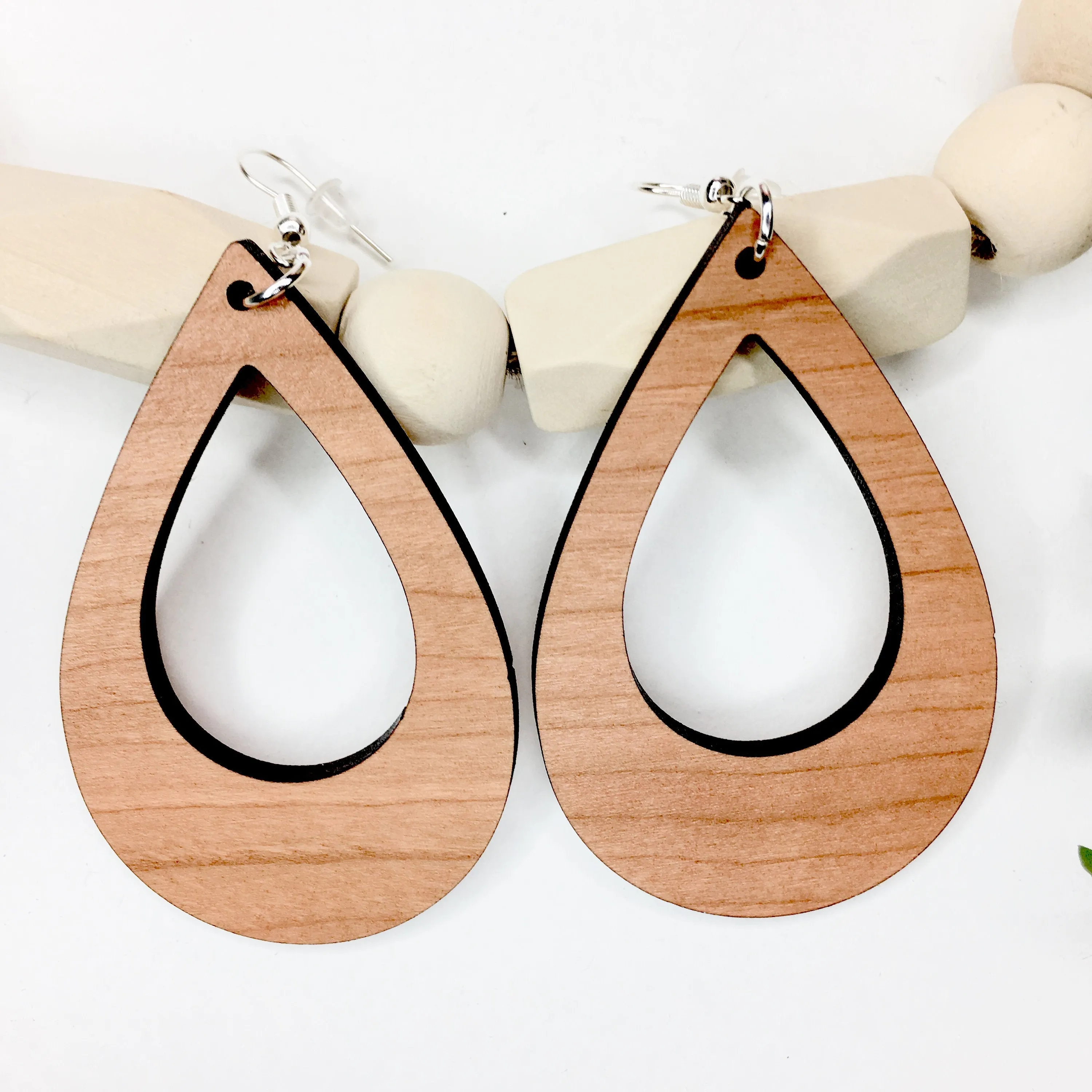 Teardrop Cutout Wood Cherry Dangle Earrings, Drop Light Weight Earrings, Birthday Gift for a Friend