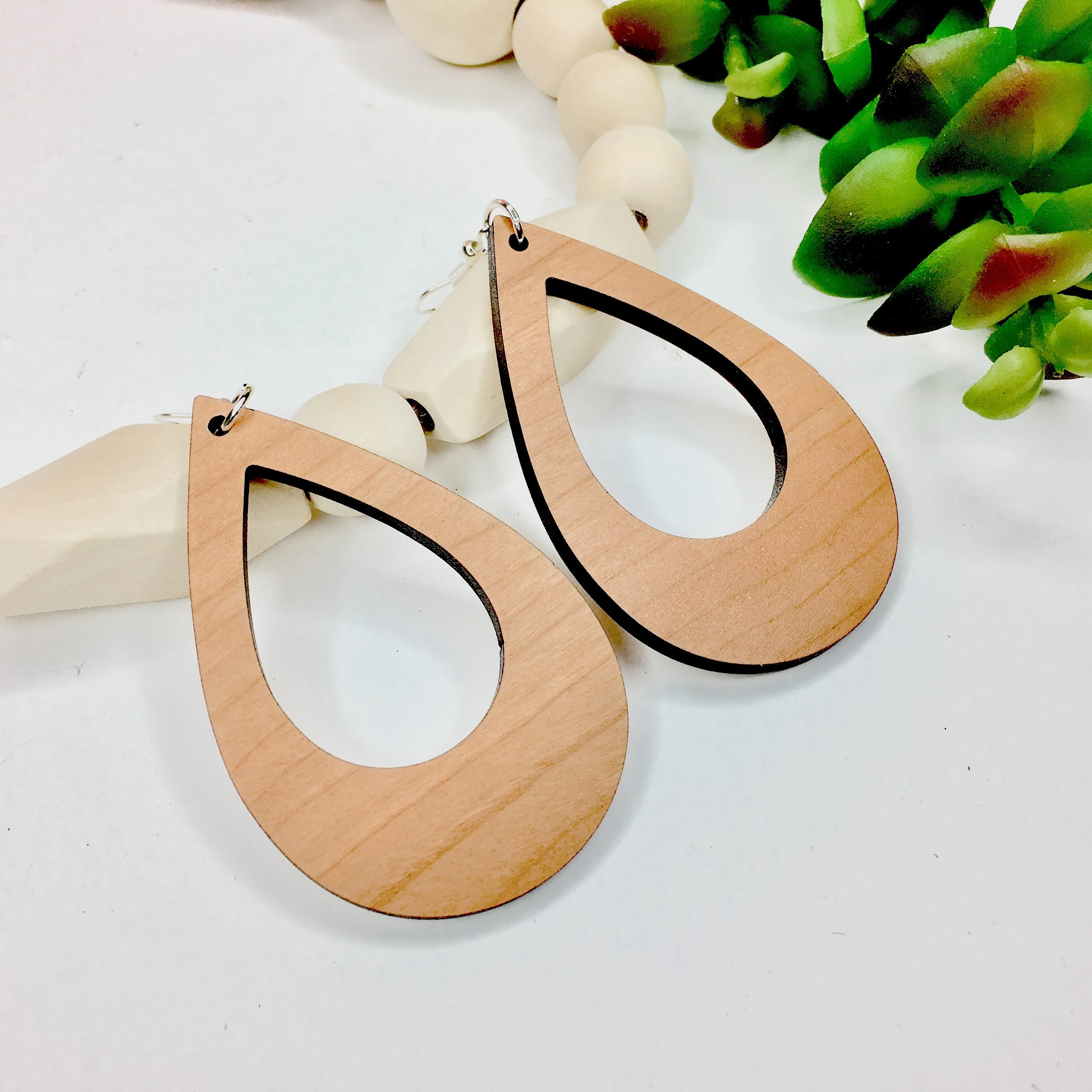 Teardrop Cutout Wood Cherry Dangle Earrings, Drop Light Weight Earrings, Birthday Gift for a Friend