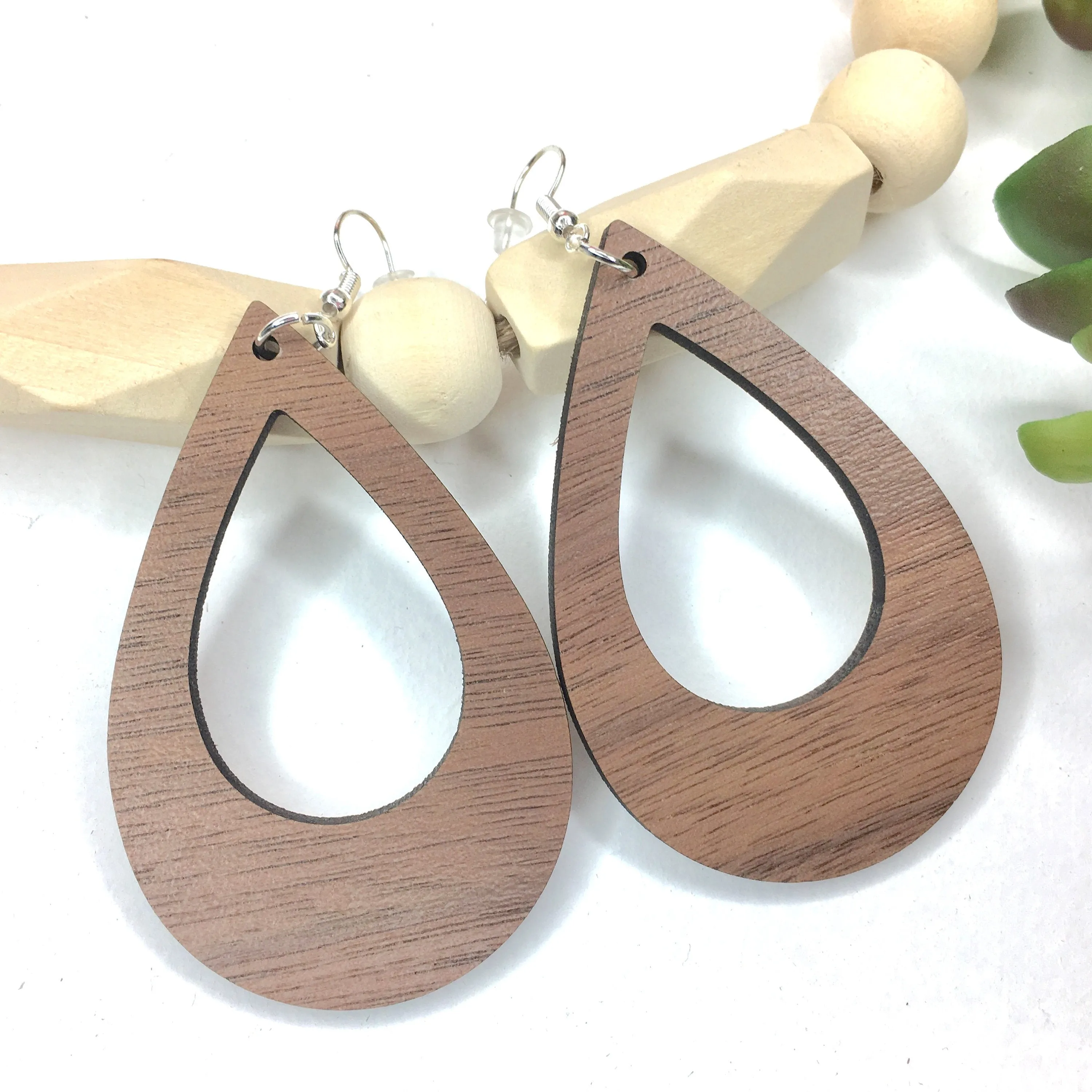 Teardrop Cutout Wood Walnut Dangle Earrings, Drop Light Weight Earrings, Birthday Gift for a Friend