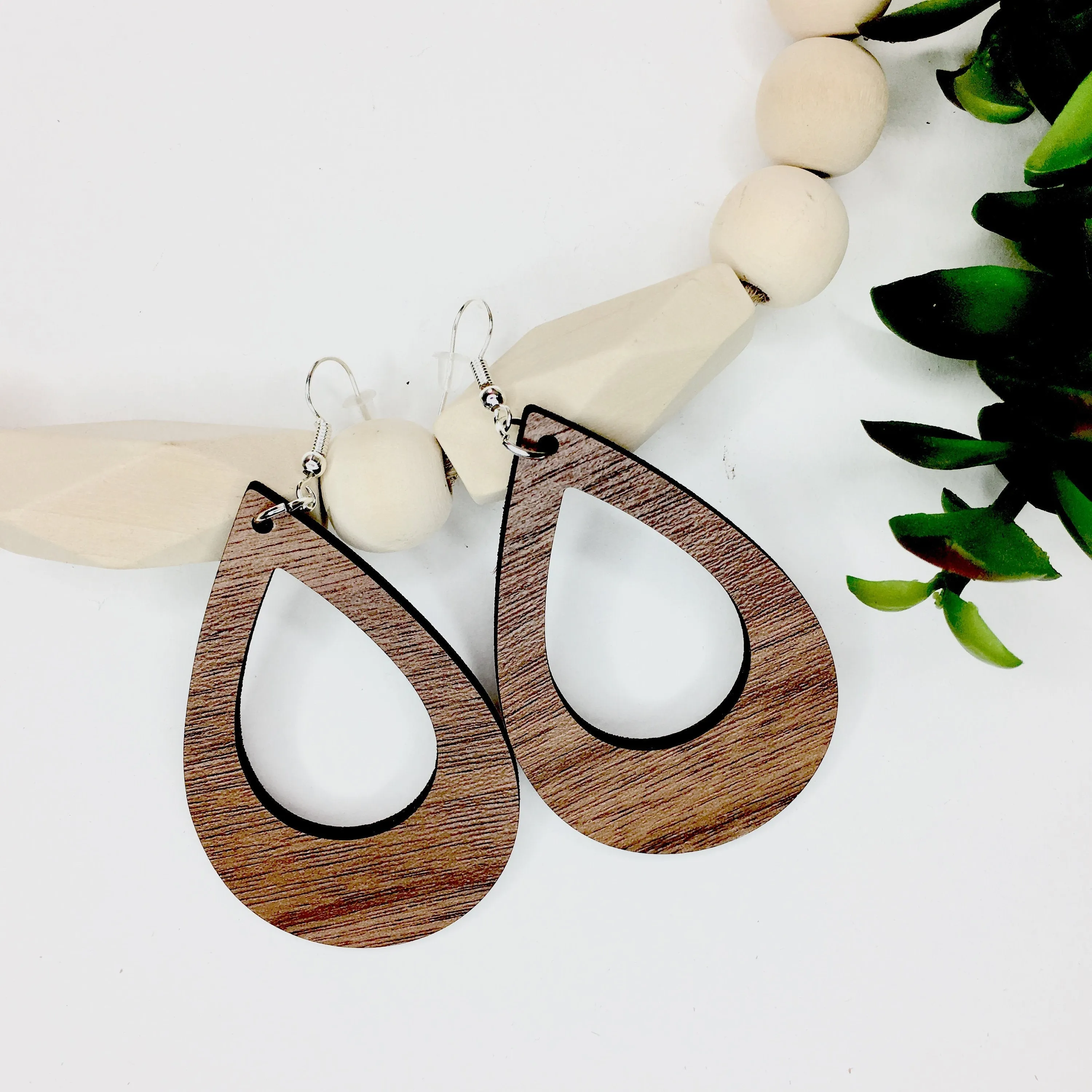 Teardrop Cutout Wood Walnut Dangle Earrings, Drop Light Weight Earrings, Birthday Gift for a Friend