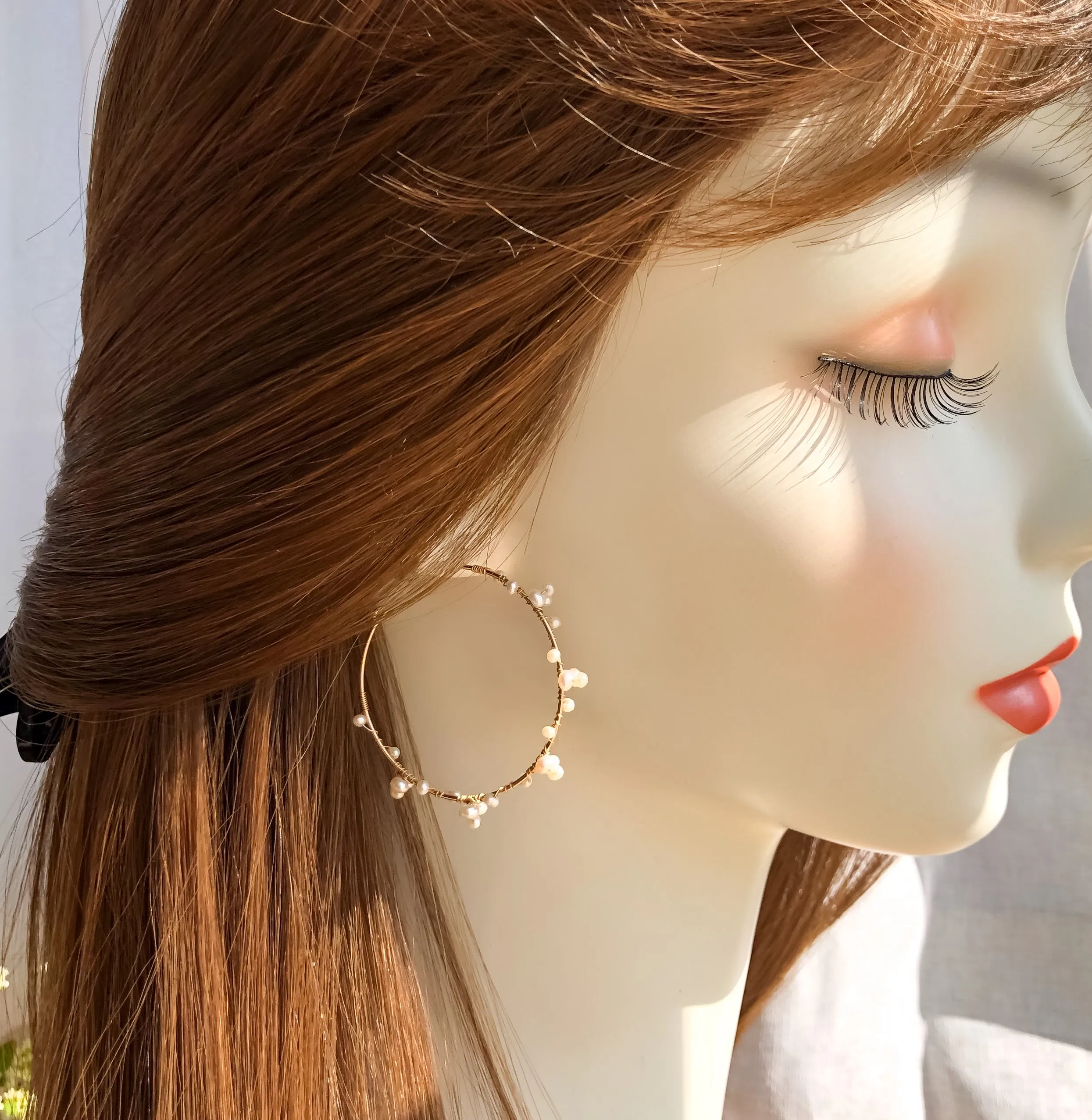 Tiny pearl wire wrapped gold hoop