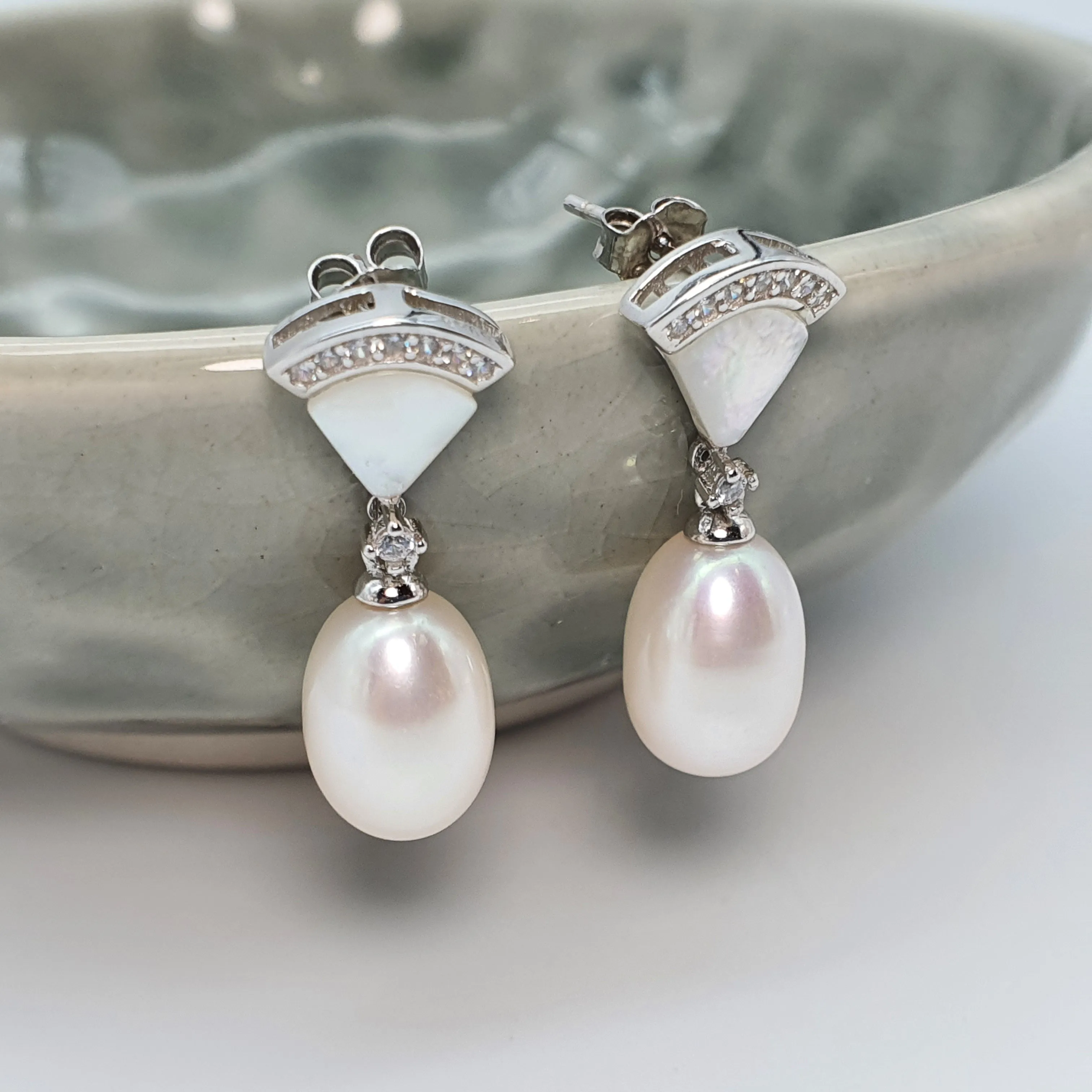 Triangle Mother Of Pearl & Drop Pearl Earrings, Sterling Silver