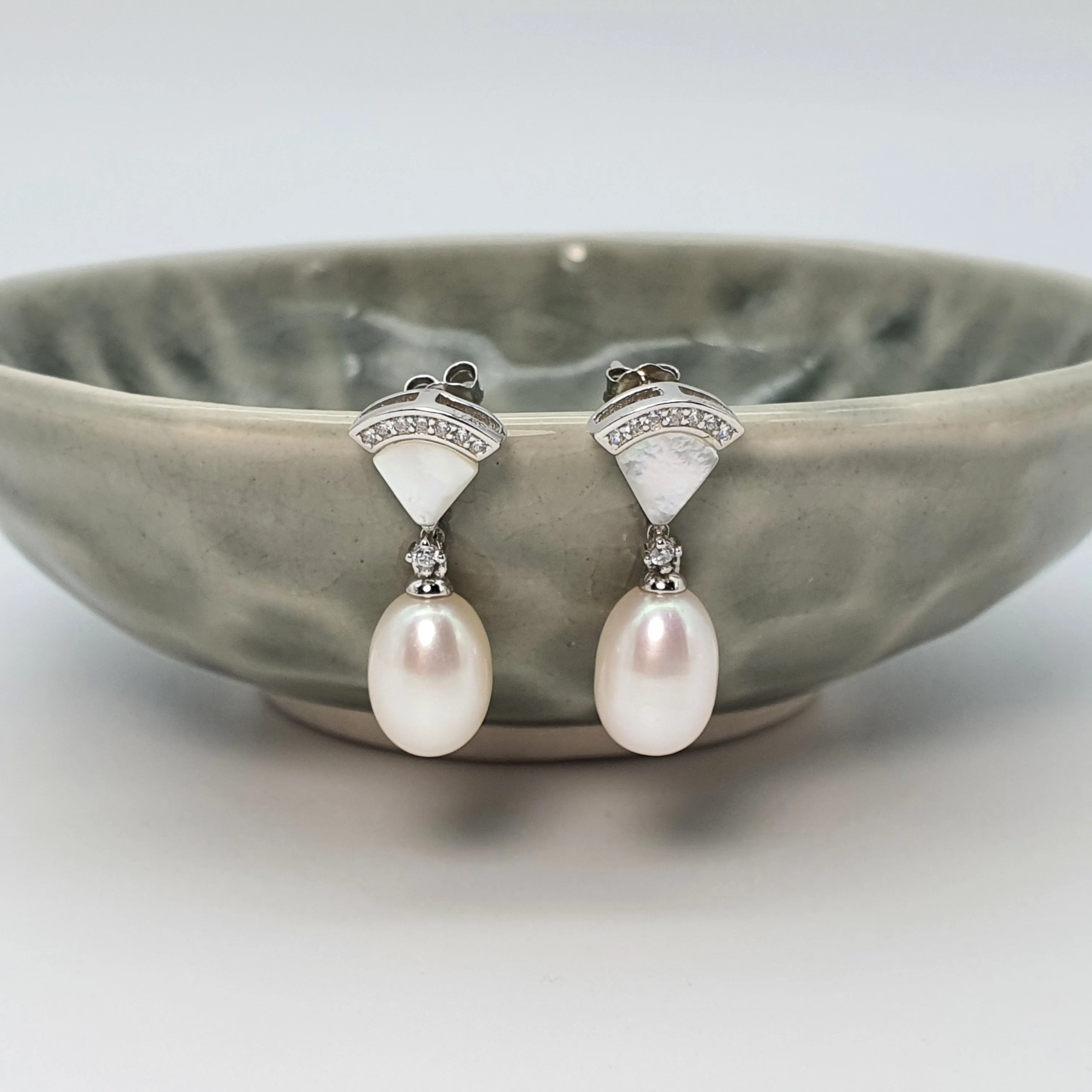 Triangle Mother Of Pearl & Drop Pearl Earrings, Sterling Silver