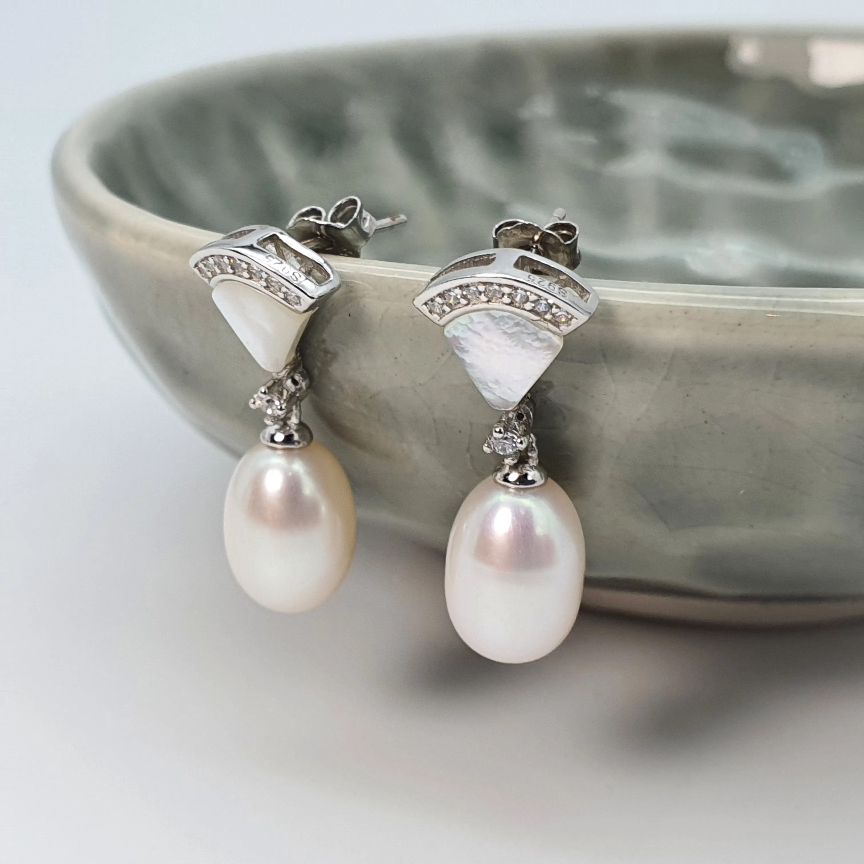 Triangle Mother Of Pearl & Drop Pearl Earrings, Sterling Silver
