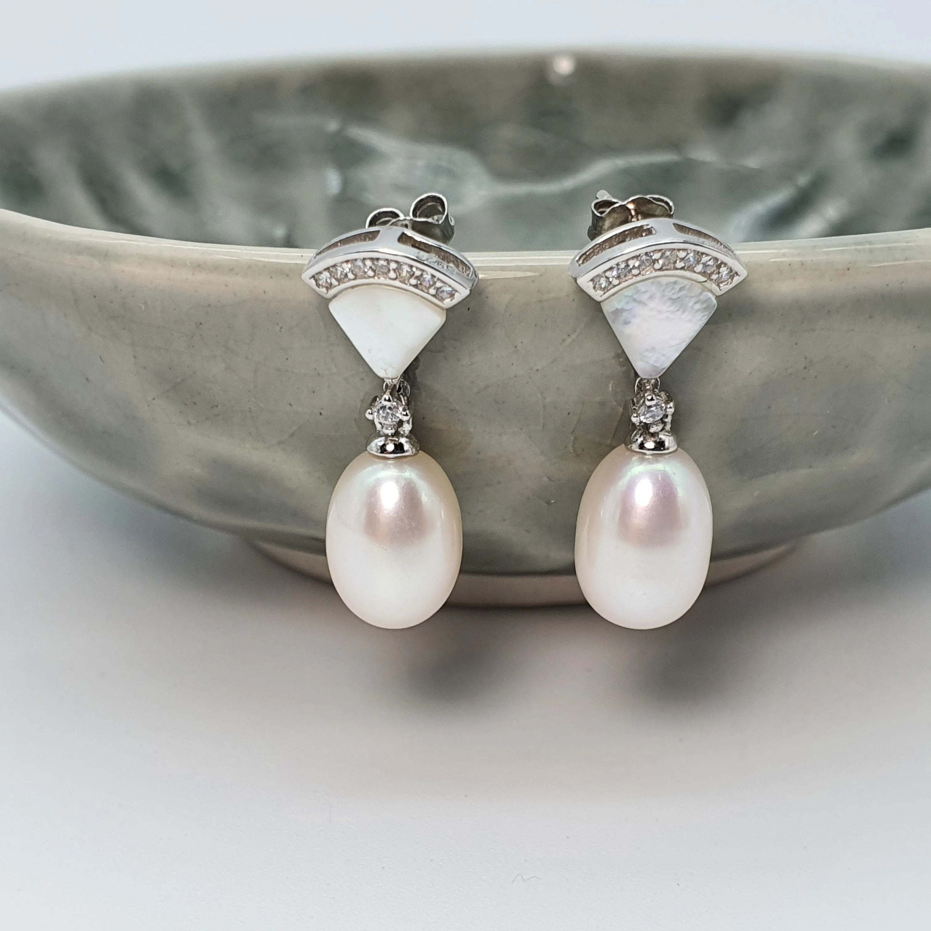 Triangle Mother Of Pearl & Drop Pearl Earrings, Sterling Silver