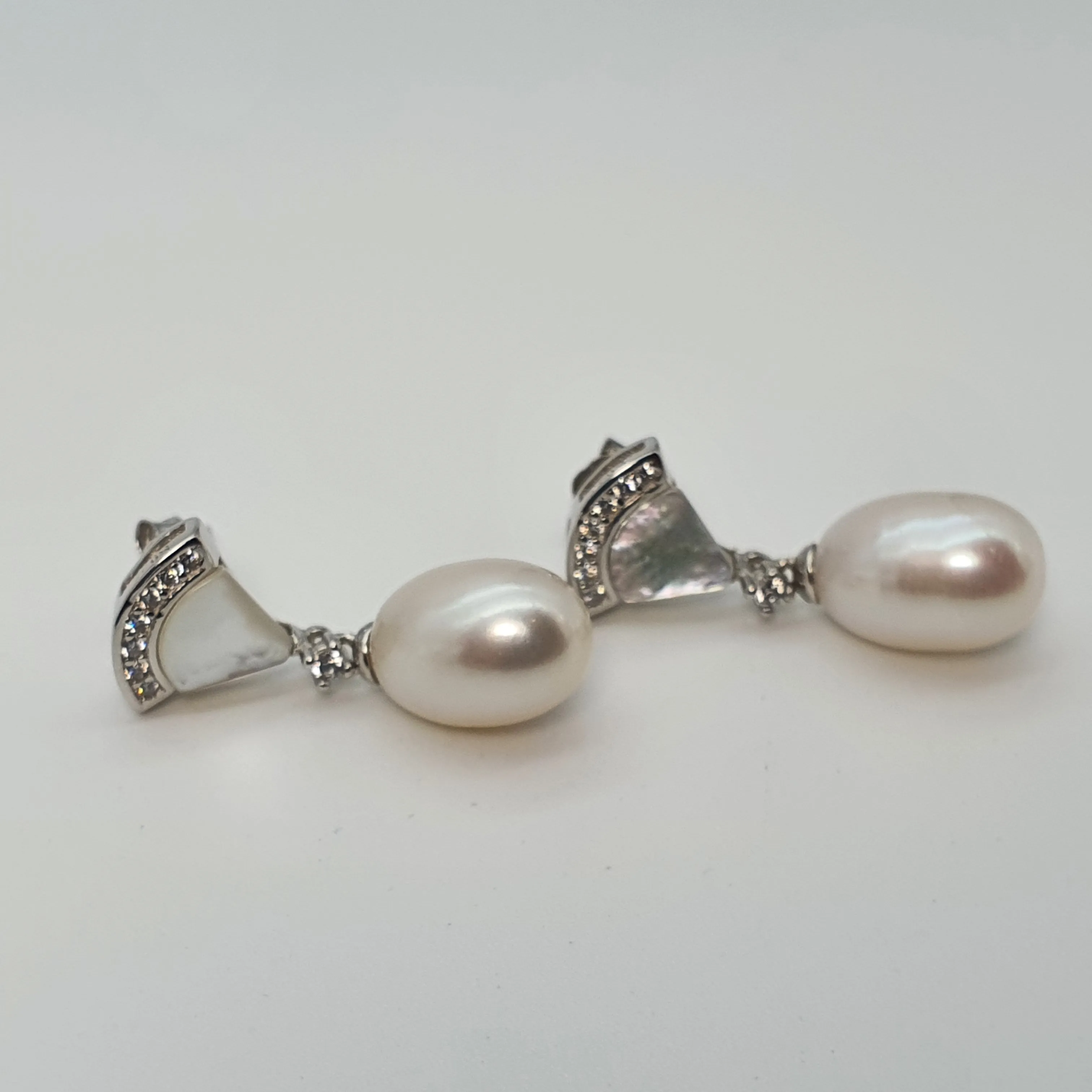 Triangle Mother Of Pearl & Drop Pearl Earrings, Sterling Silver