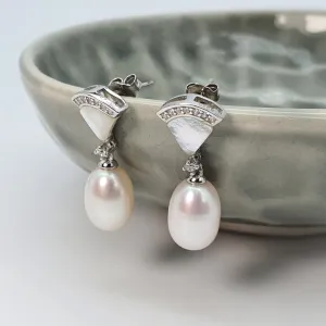Triangle Mother Of Pearl & Drop Pearl Earrings, Sterling Silver